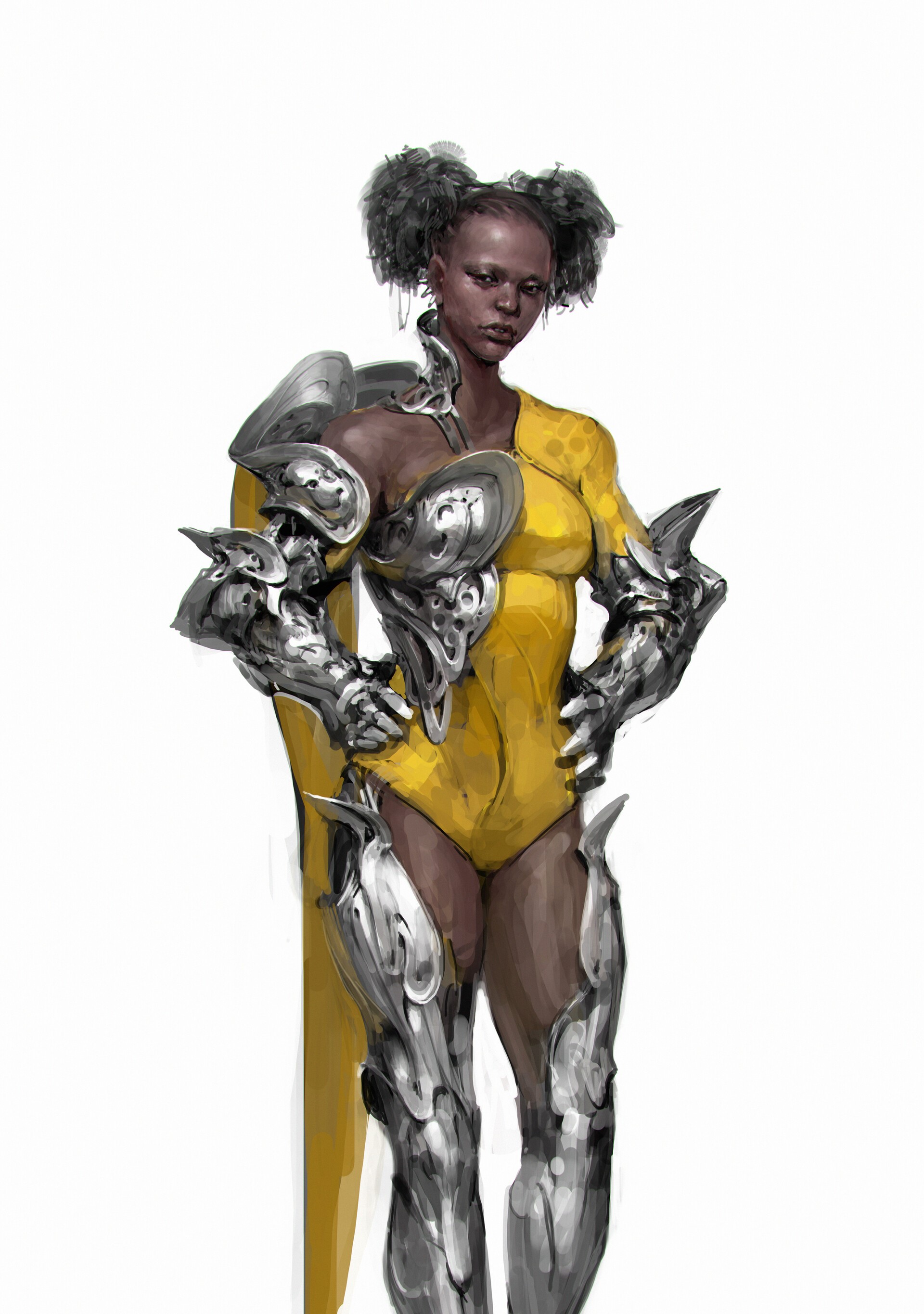 Fantasy woman in yellow bodysuit and silver armor HD Phone Wallpaper