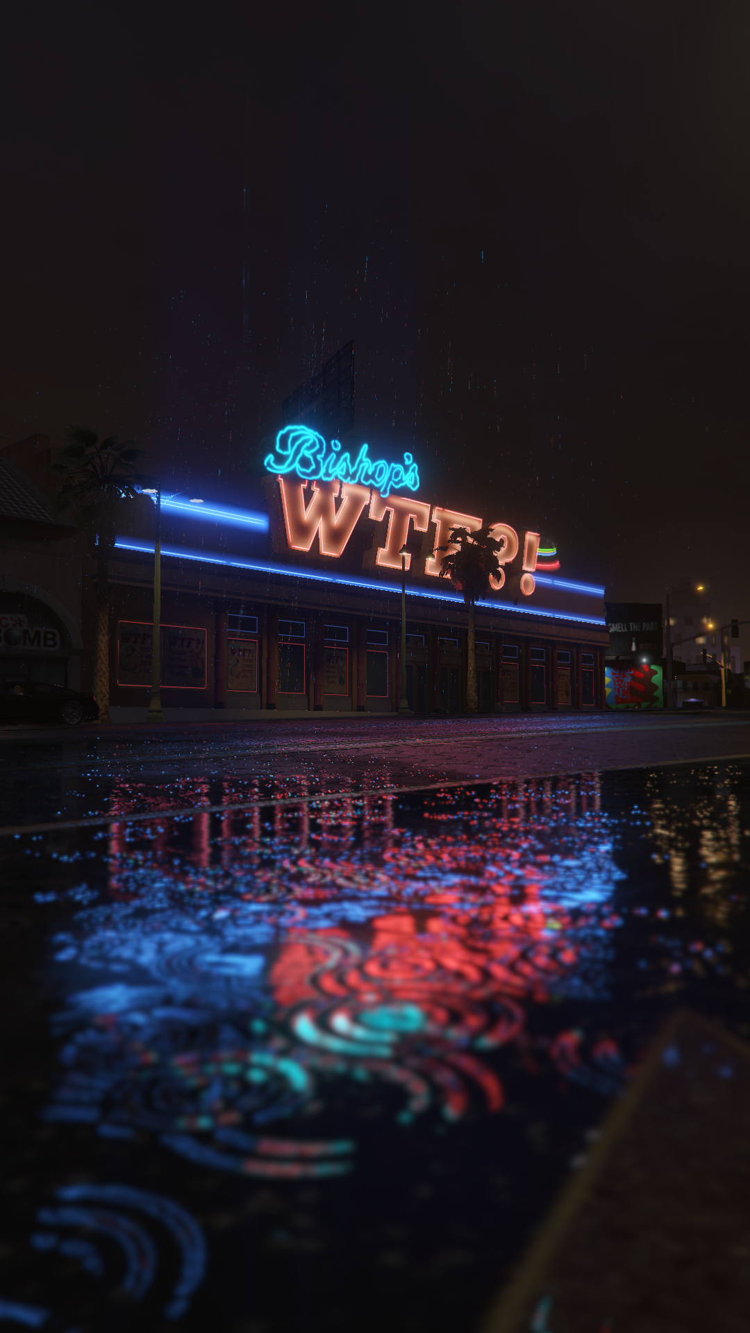 Bishop's WTF! store at night in GTA V HD Phone Wallpaper