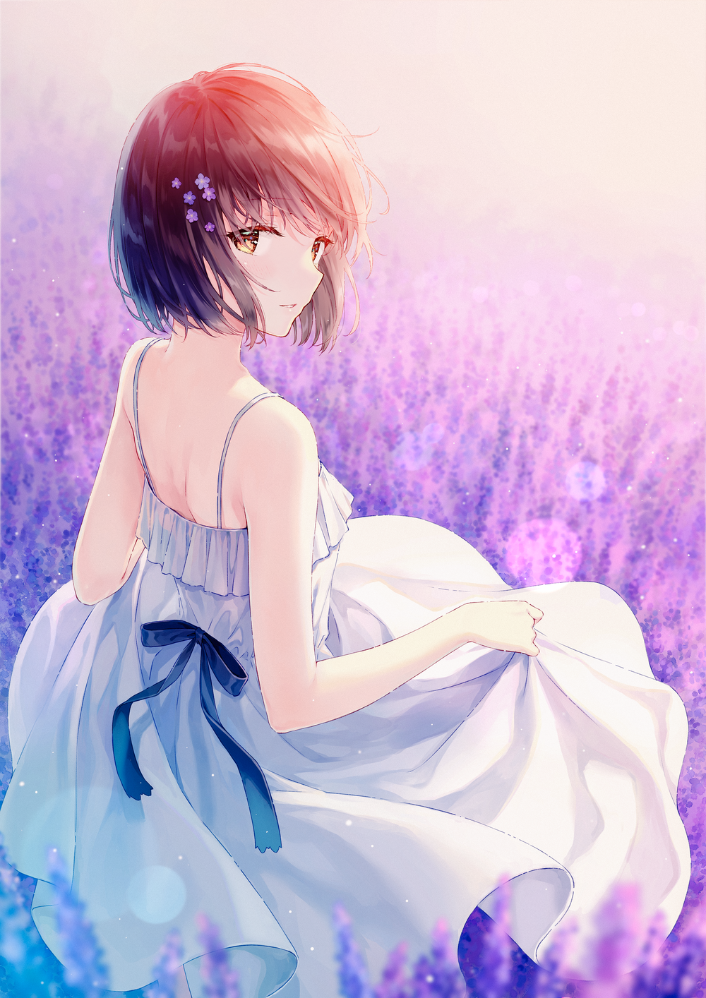 Anime girl in a white dress in a lavender field HD Phone Wallpaper