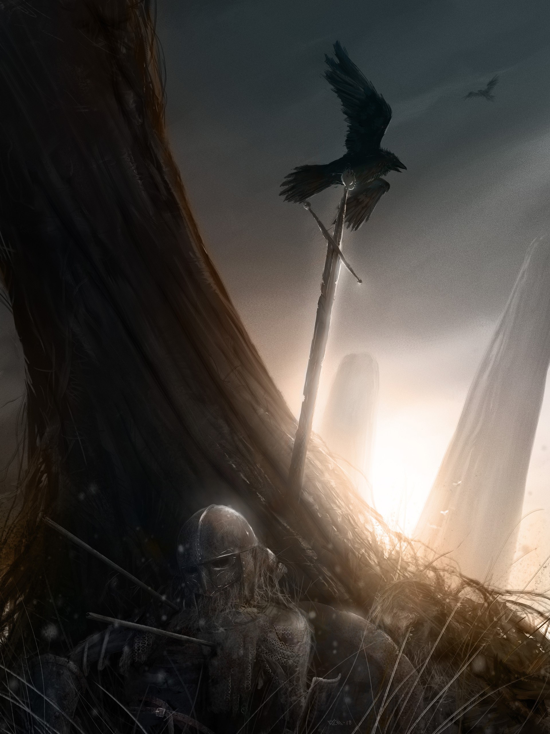 Warrior with sword and crow in dark fantasy setting HD Phone Wallpaper