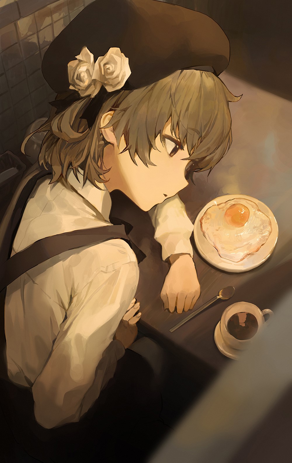 Anime girl with beret eating breakfast HD Phone Wallpaper