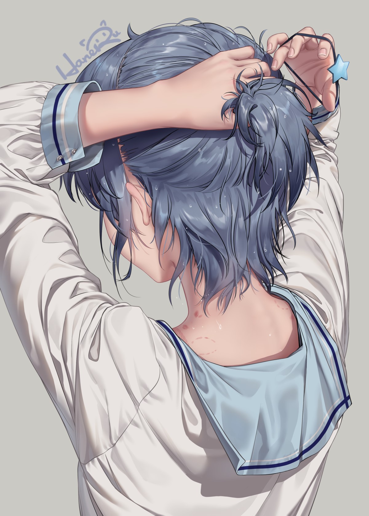Anime girl with short blue hair tying her hair HD Phone Wallpaper