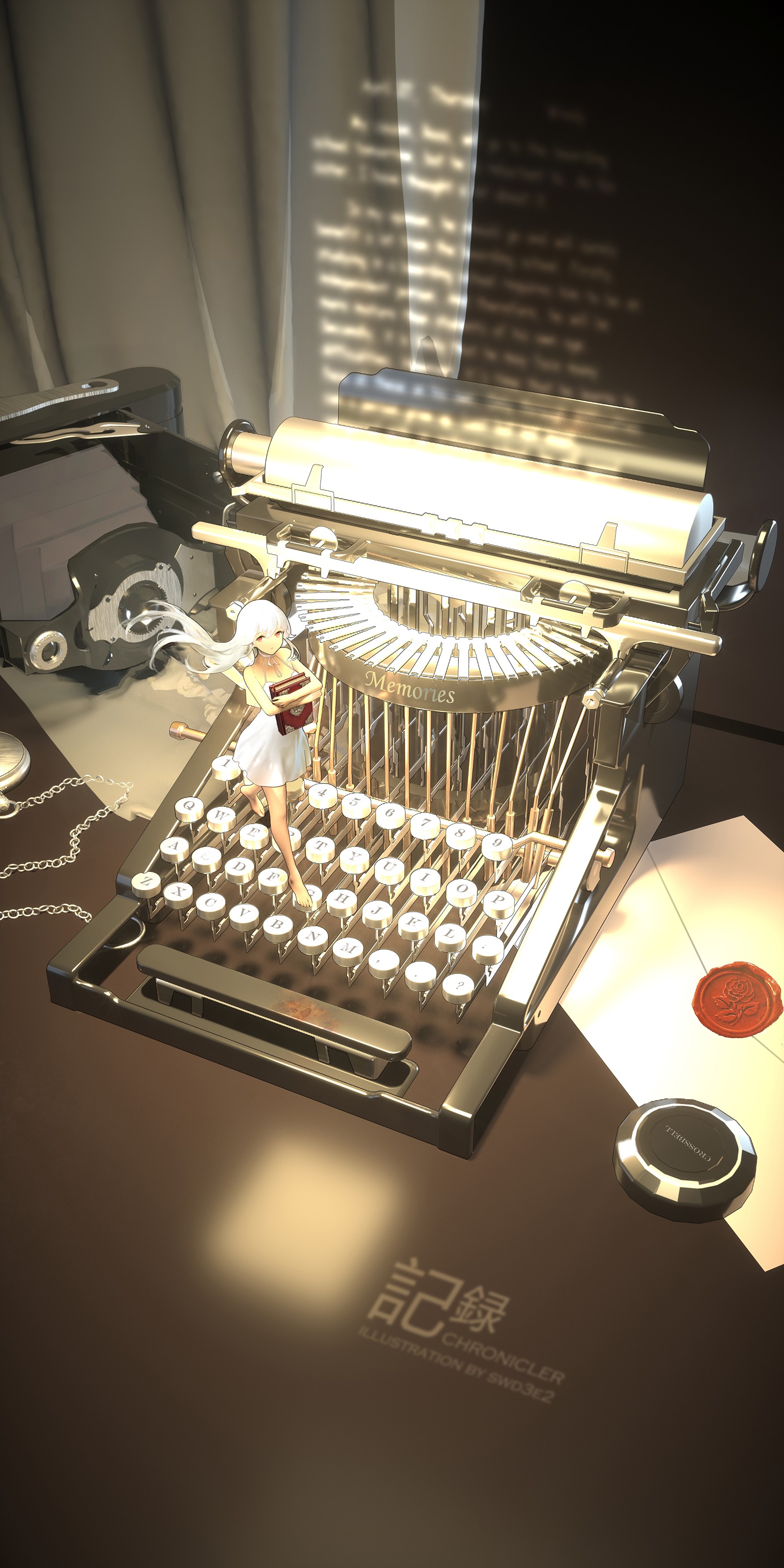 Anime girl with white hair and orange eyes on a typewriter HD Phone Wallpaper