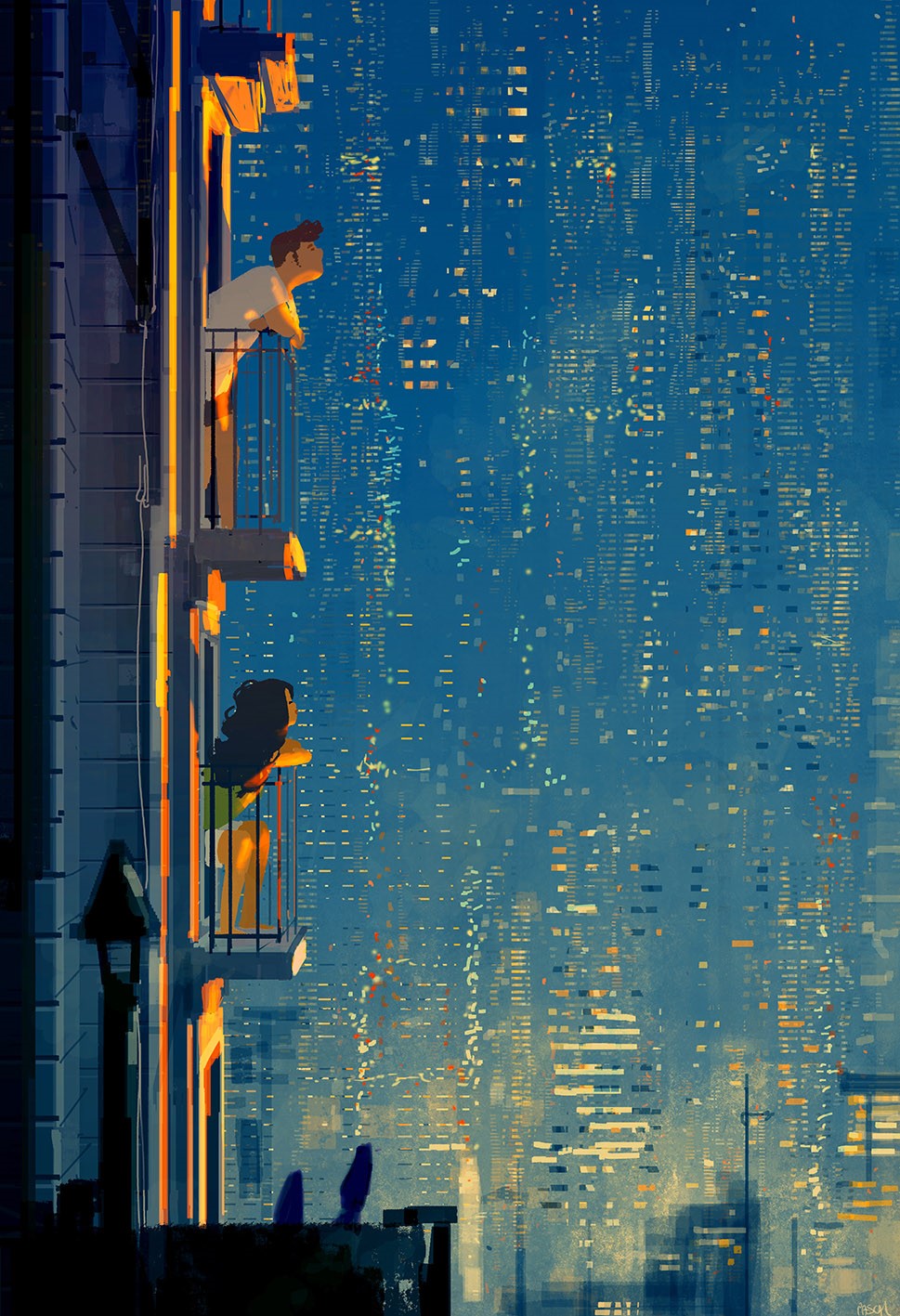 People on balconies overlooking a city at night HD Phone Wallpaper