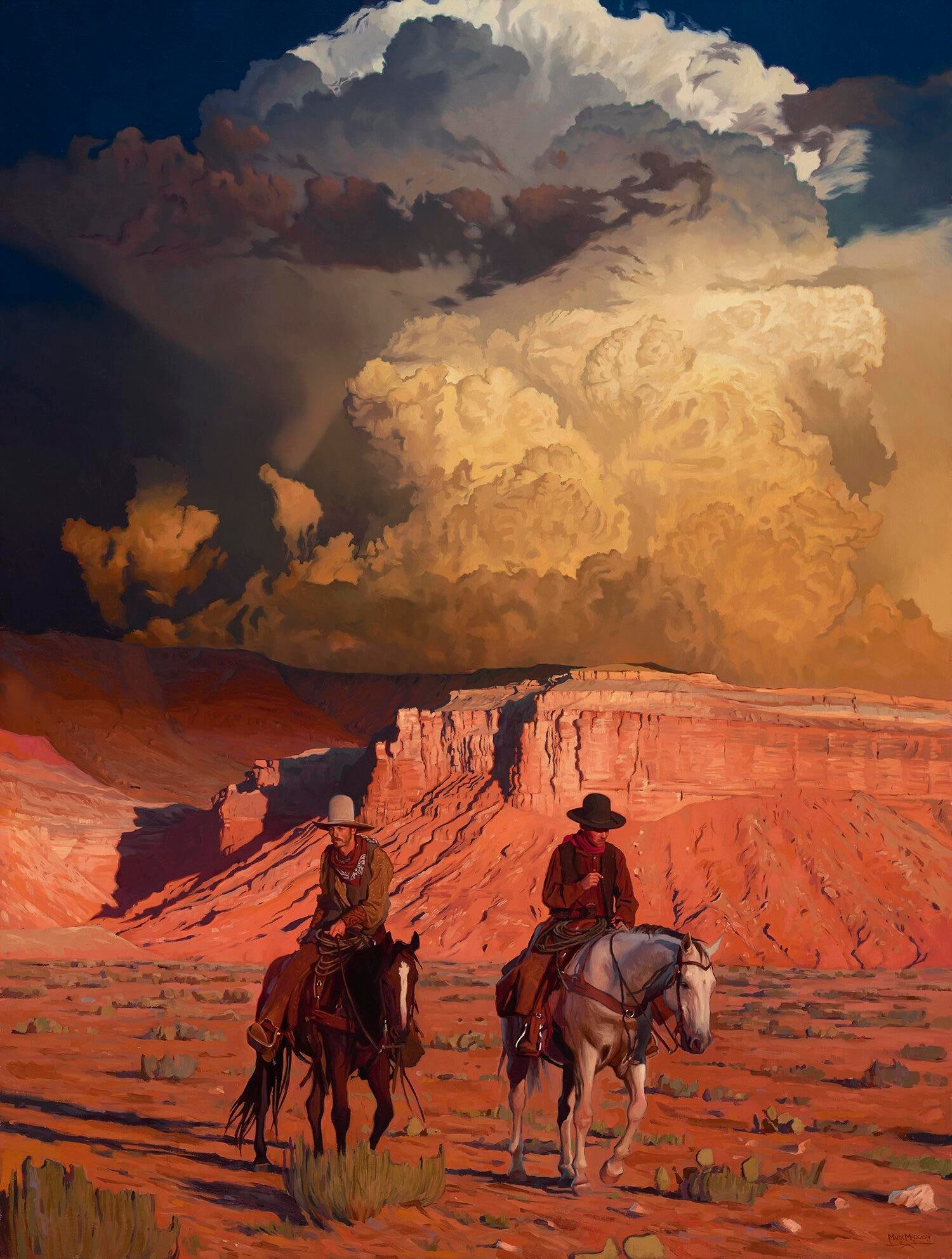 Two cowboys on horses in a desert landscape with storm clouds HD Phone Wallpaper
