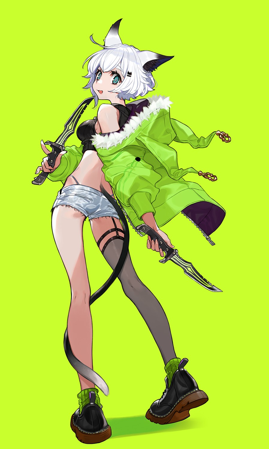 Anime cat girl with knives and green jacket HD Phone Wallpaper