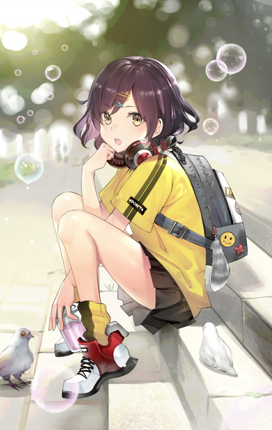Anime girl with headphones and backpack sitting on stairs with birds HD Phone Wallpaper