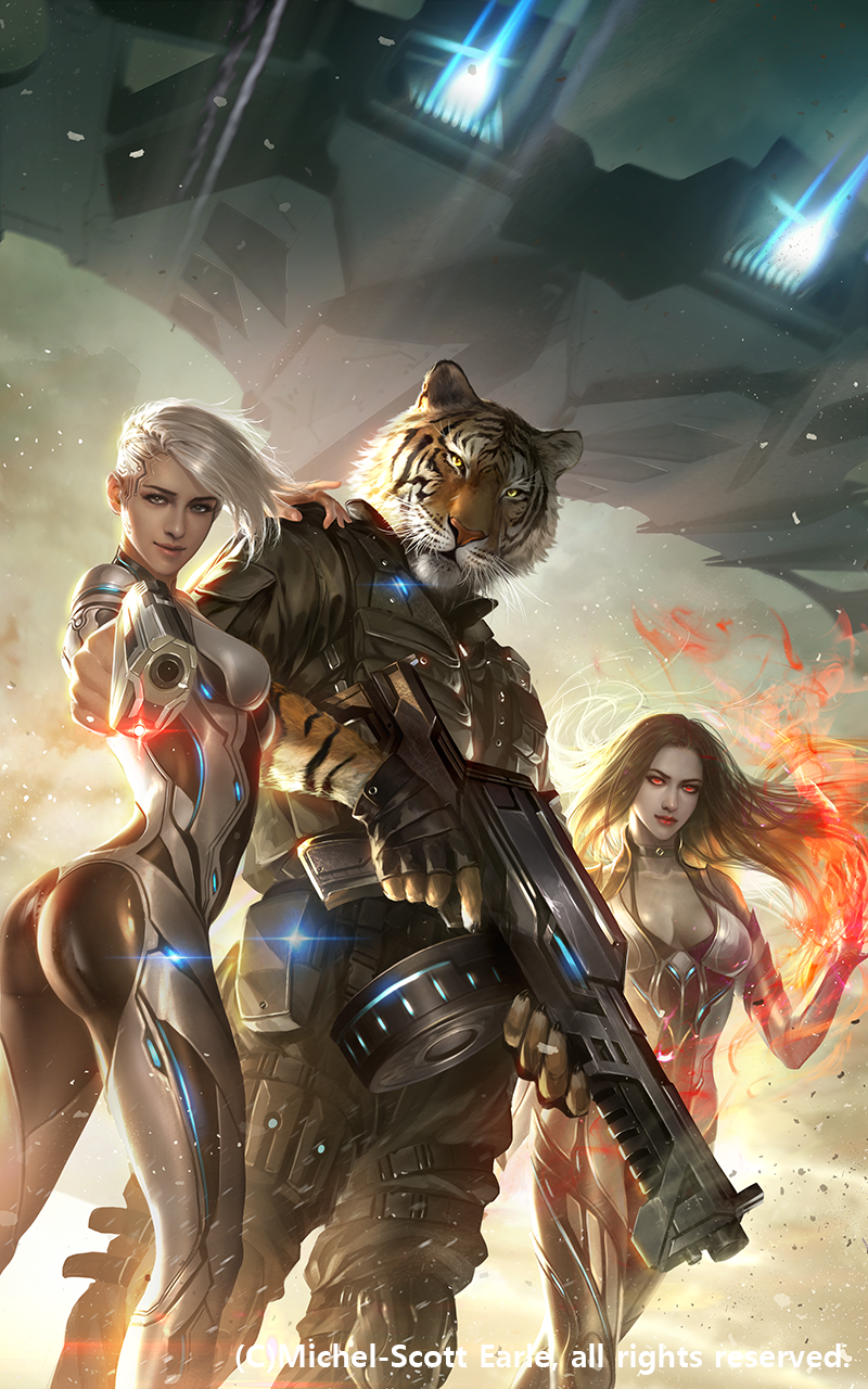 Tiger man with two women and a spaceship HD Phone Wallpaper
