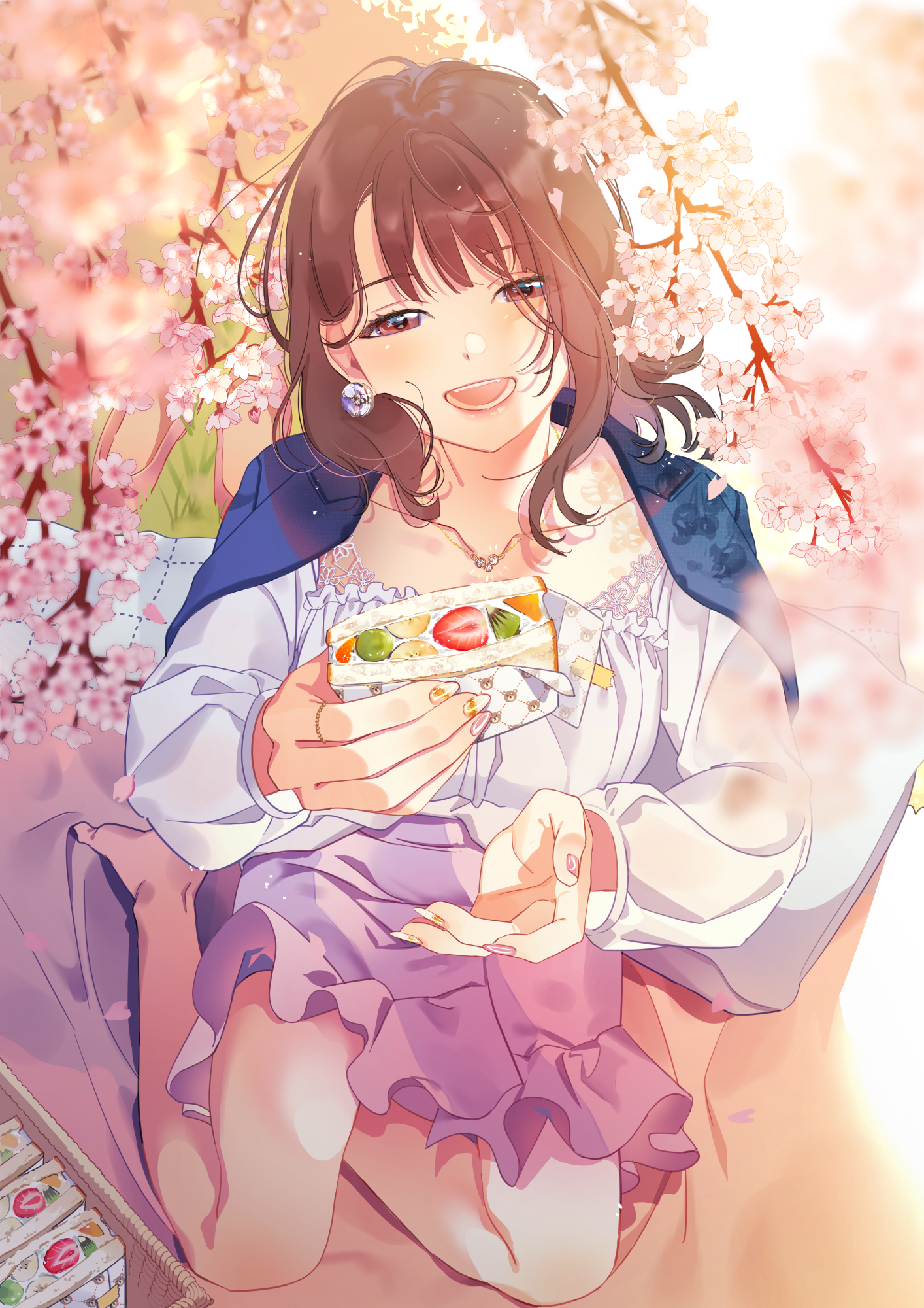 Anime girl eating a fruit sandwich under cherry blossoms HD Phone Wallpaper