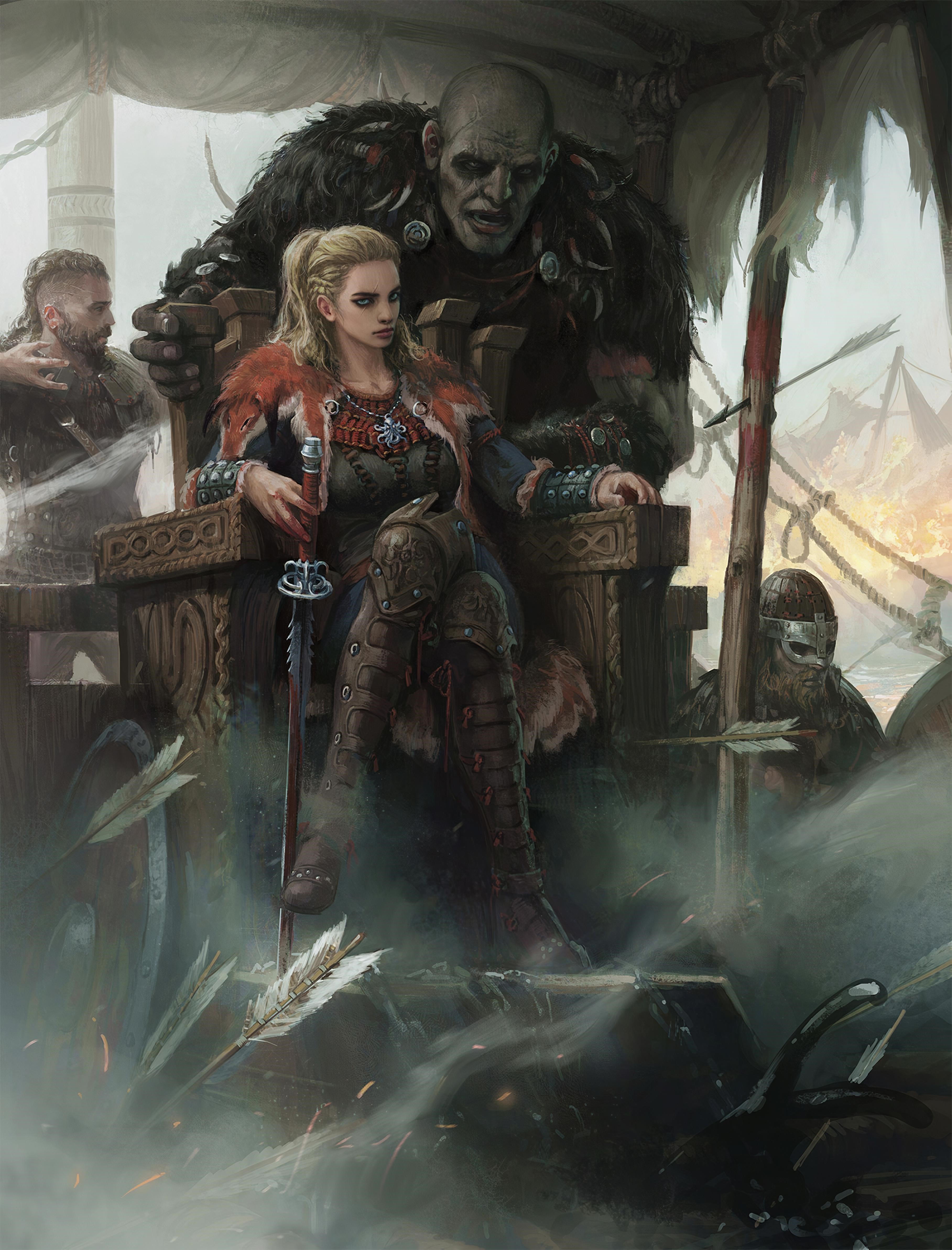 Viking queen on throne with giant and warriors HD Phone Wallpaper