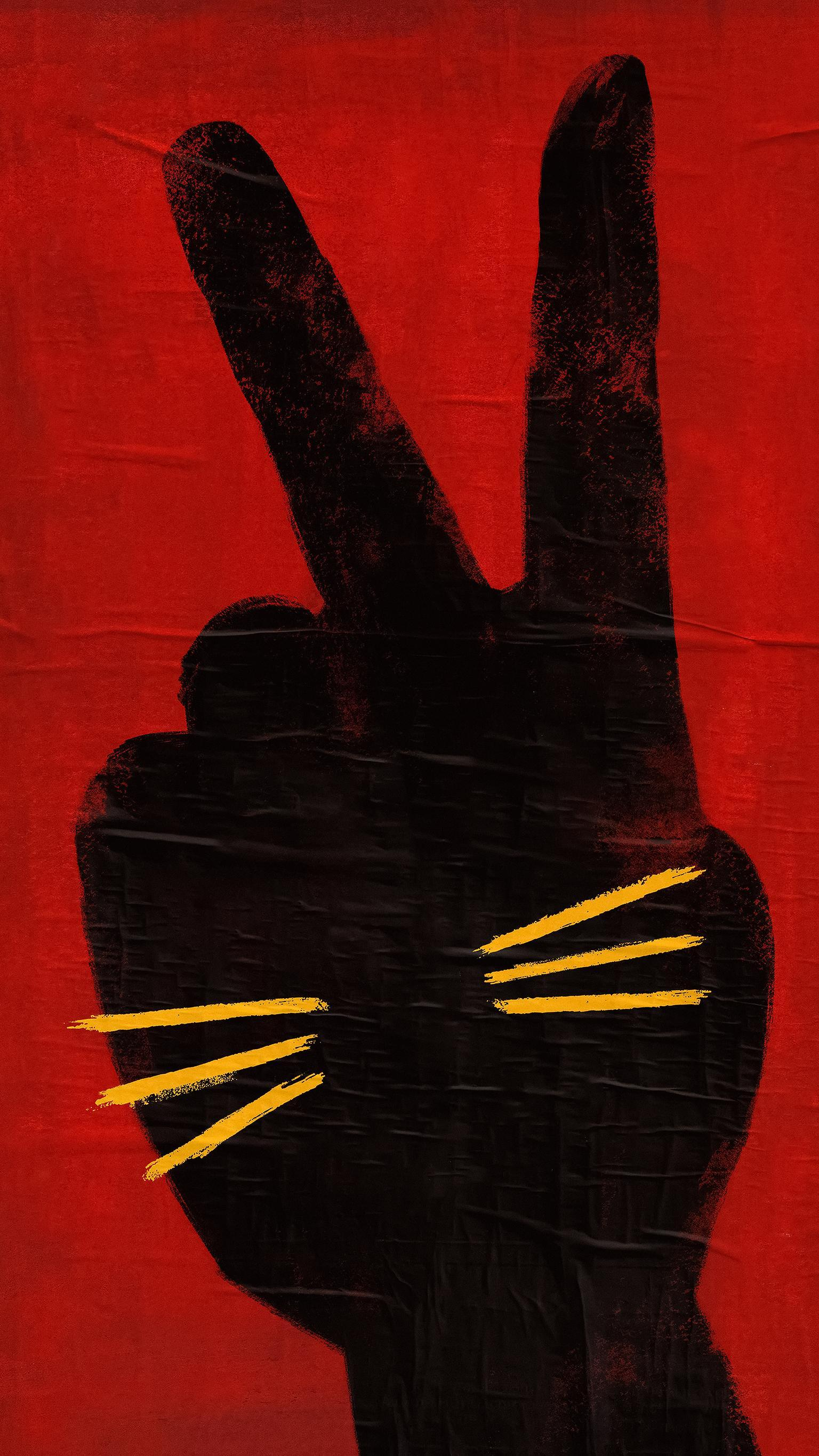 Black cat silhouette with peace sign and yellow whiskers HD Phone Wallpaper