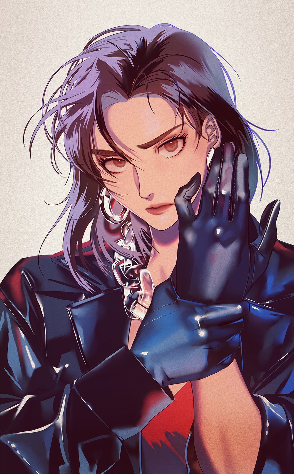 Anime girl wearing black gloves and jacket HD Phone Wallpaper