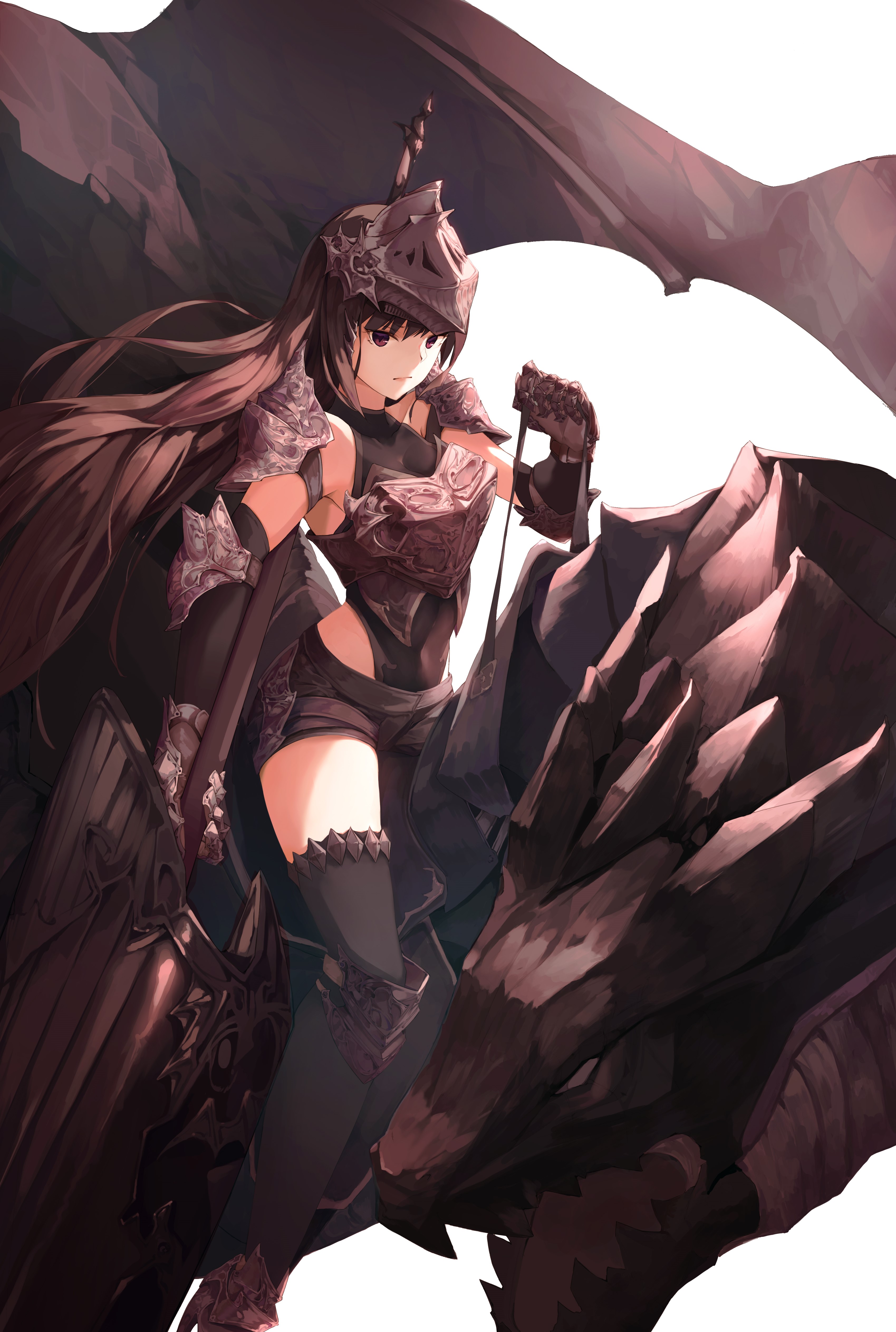 Anime girl in dark armor with dragon HD Phone Wallpaper