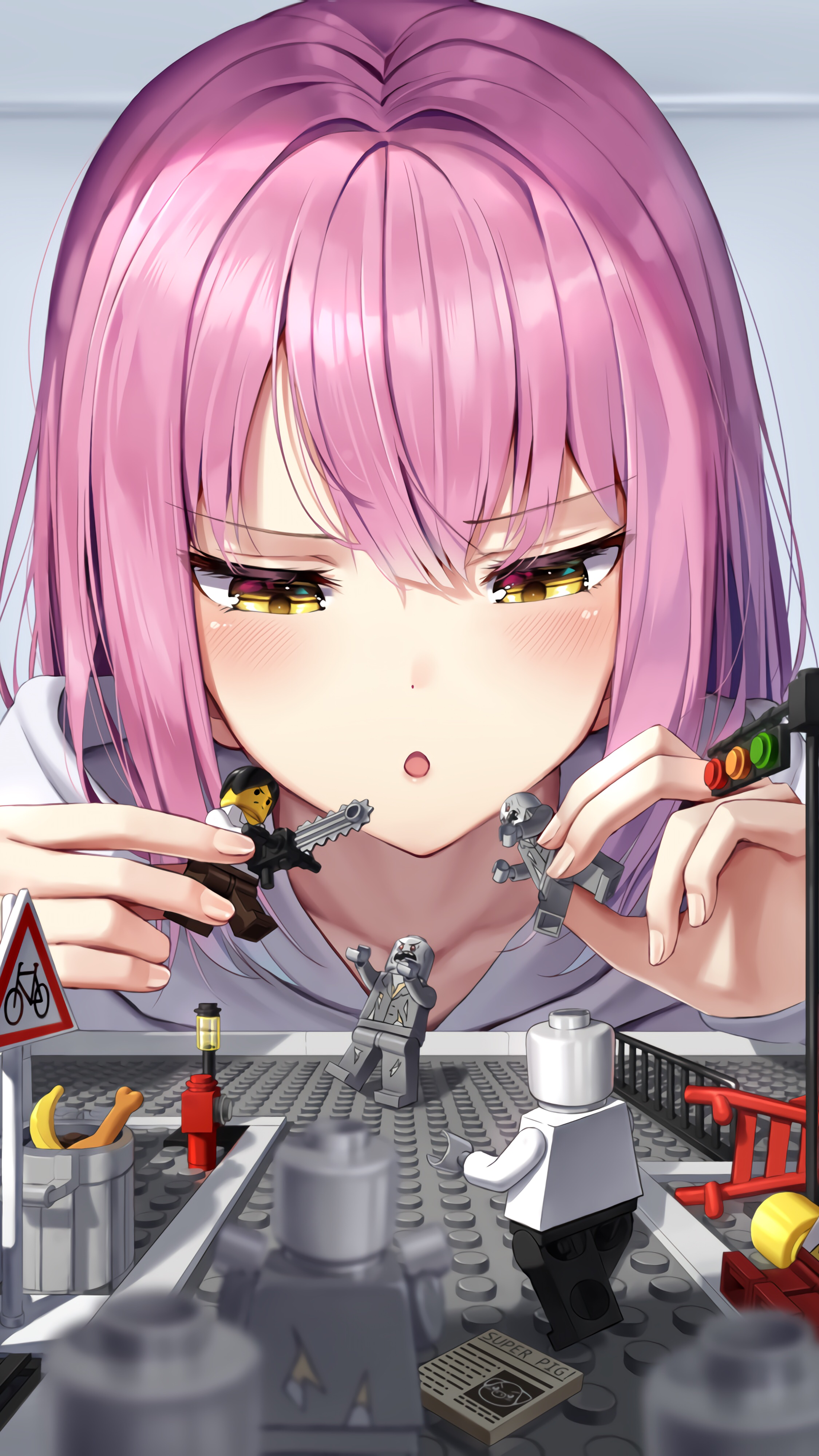 Anime girl playing with LEGO figures HD Phone Wallpaper