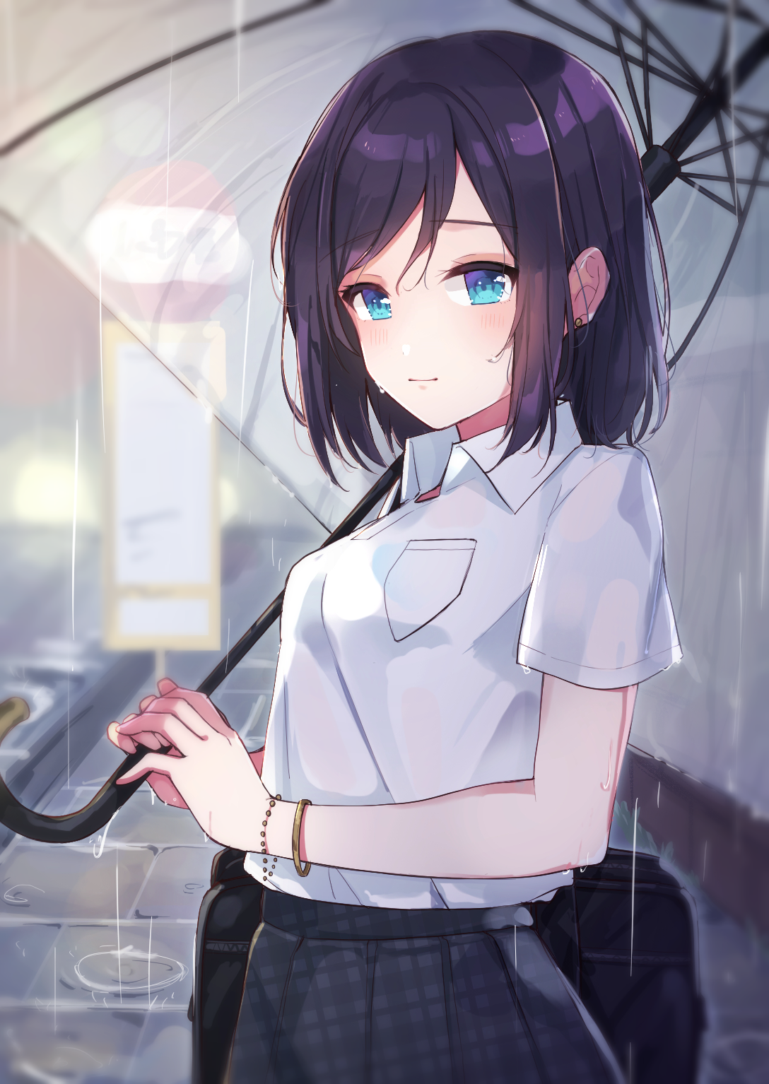 Anime girl with short black hair holding an umbrella HD Phone Wallpaper