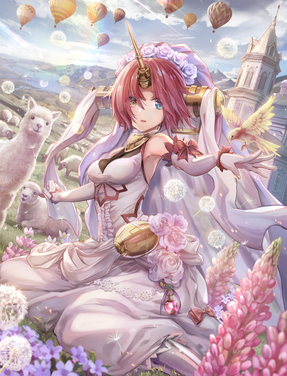 Anime girl with unicorn horn in wedding dress with alpacas HD Phone Wallpaper