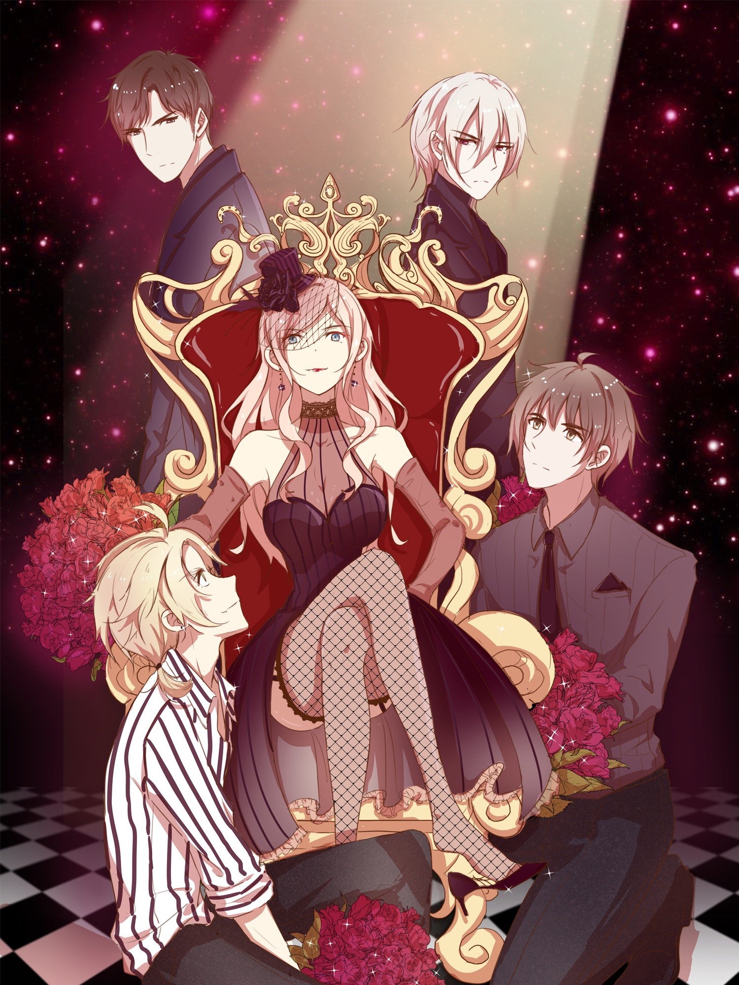 Anime artwork of a woman on a throne with men HD Phone Wallpaper