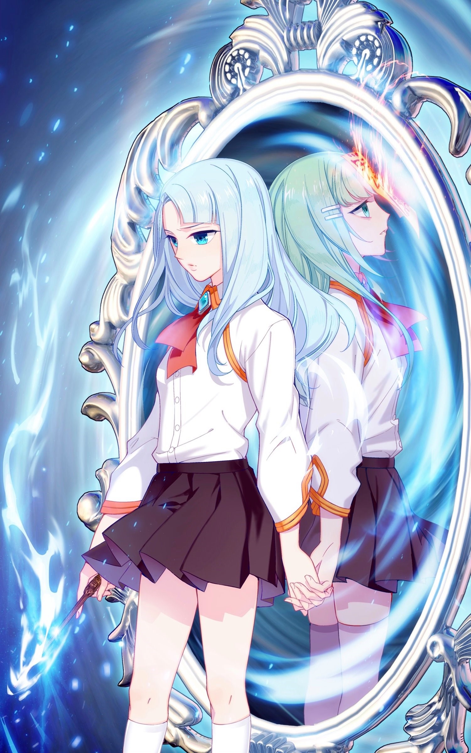 Two anime girls in school uniforms holding hands in front of a mirror HD Phone Wallpaper