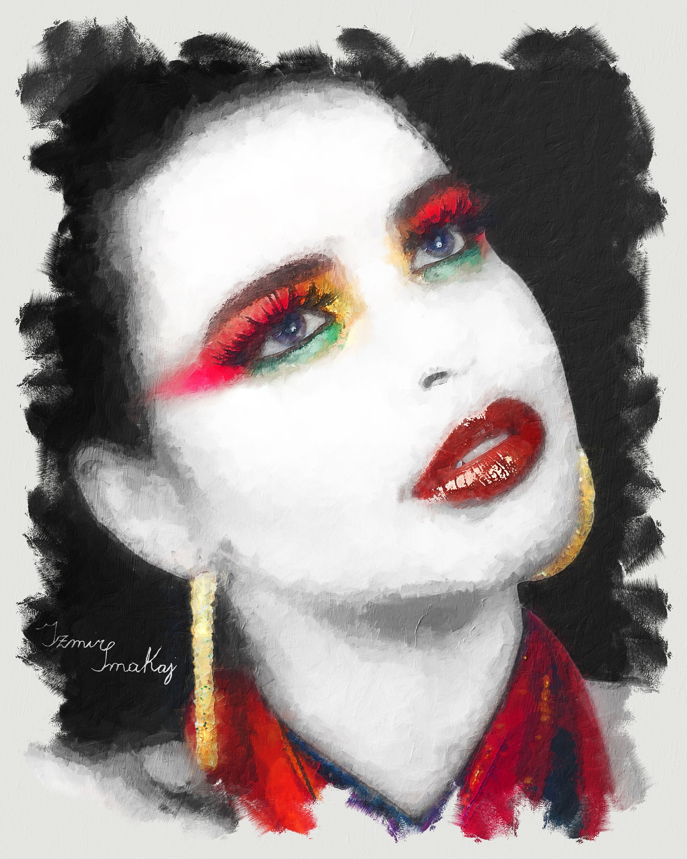 Woman with colorful makeup and red lips HD Phone Wallpaper