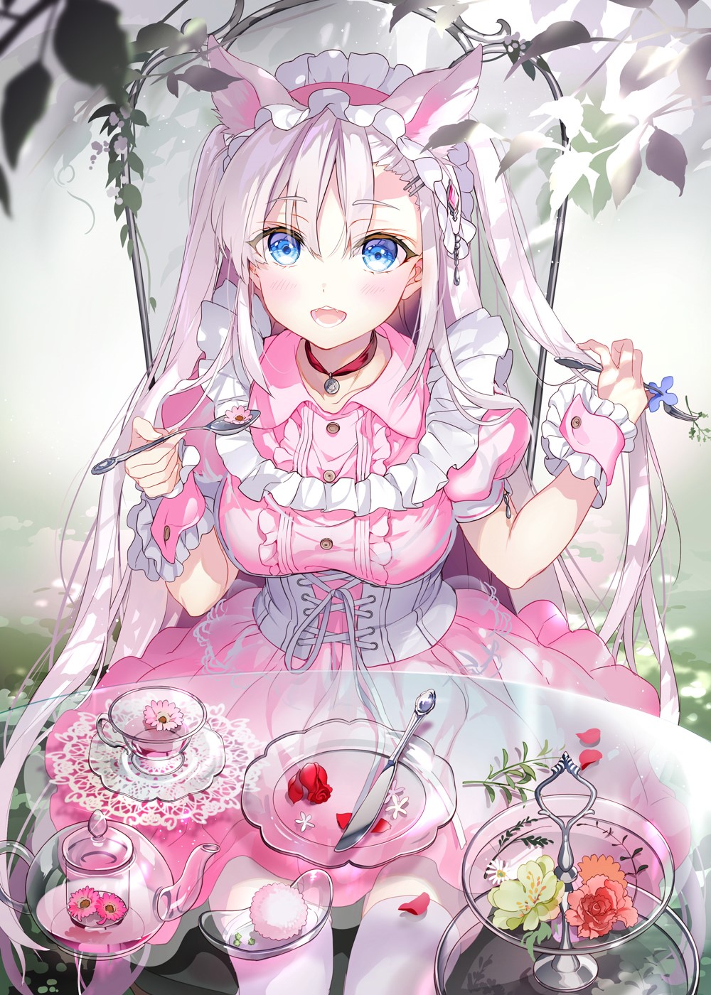 Anime girl with animal ears having tea HD Phone Wallpaper