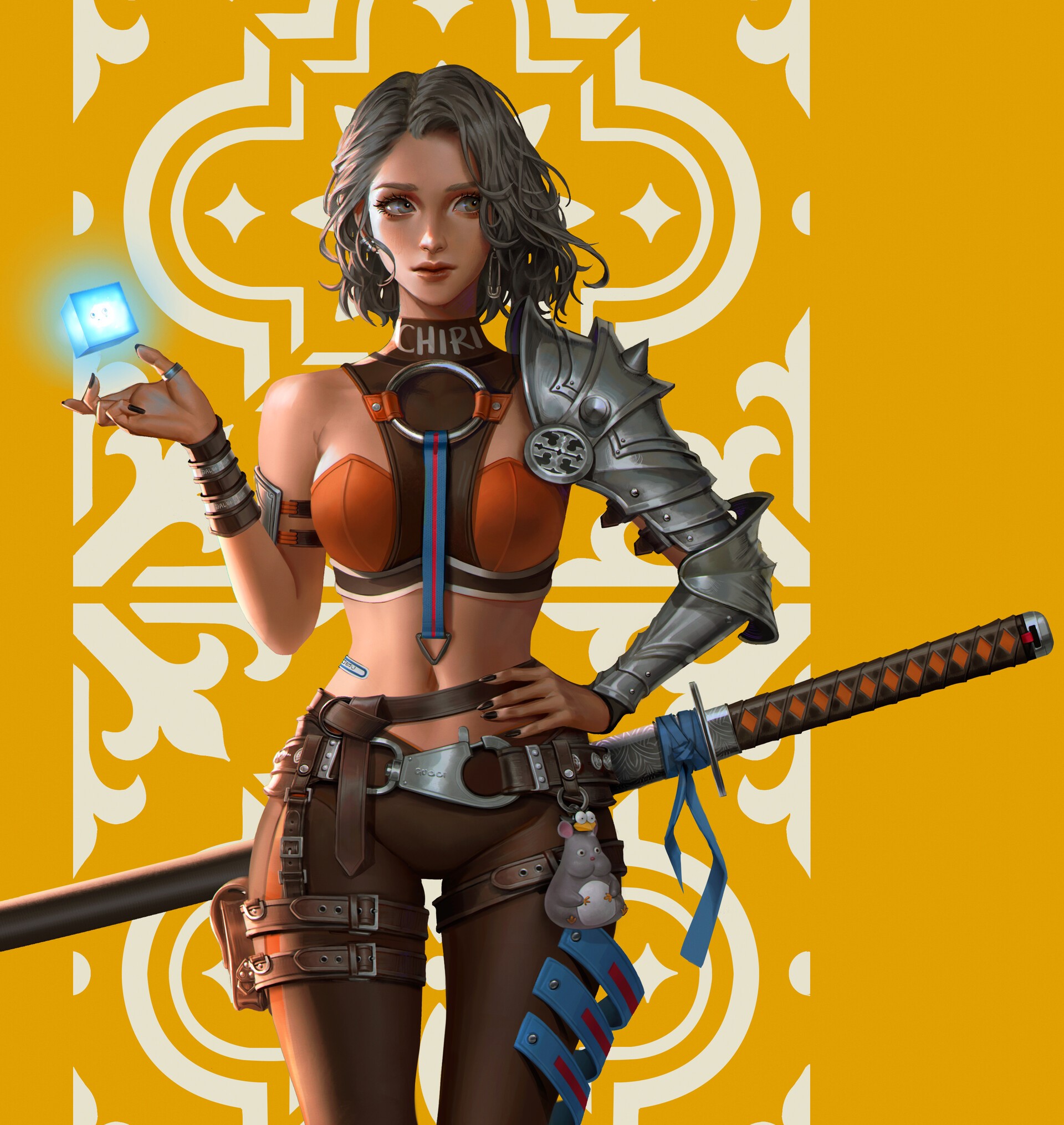 Fictional character with a sword and glowing cube HD Phone Wallpaper