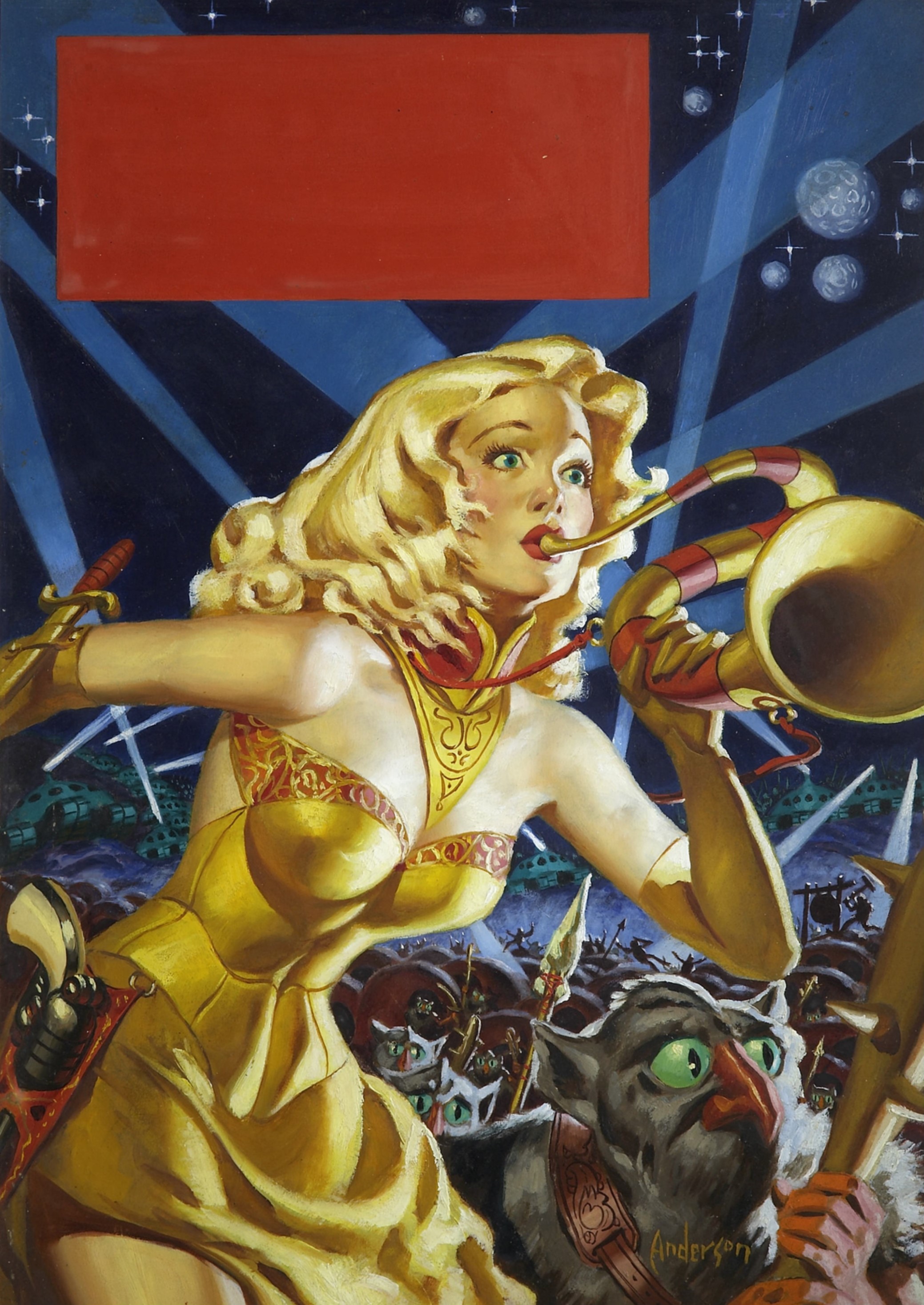 Woman playing trumpet with alien creatures and spotlights HD Phone Wallpaper