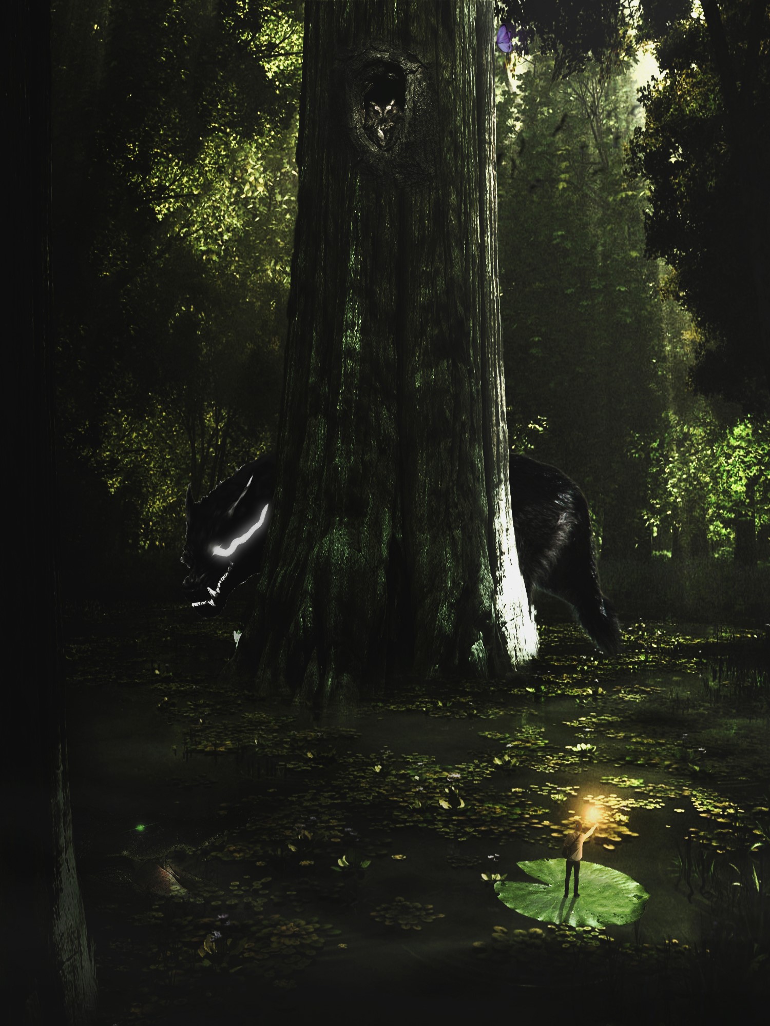 Creature with glowing eyes in a dark forest HD Phone Wallpaper