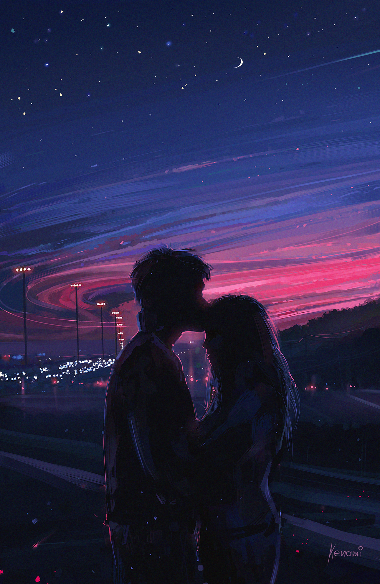 Couple silhouetted against a vibrant sunset cityscape HD Phone Wallpaper