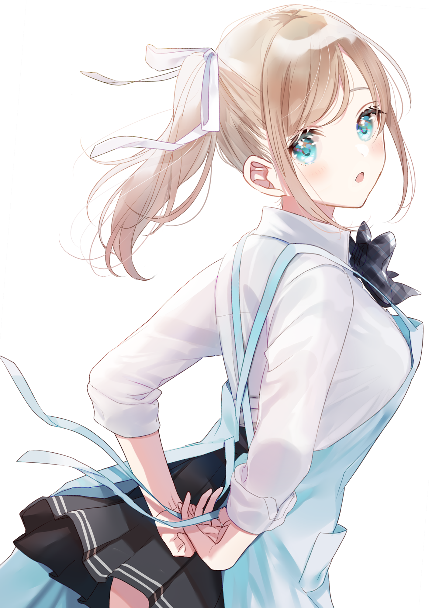 Anime girl with aqua eyes and ponytail wearing apron HD Phone Wallpaper