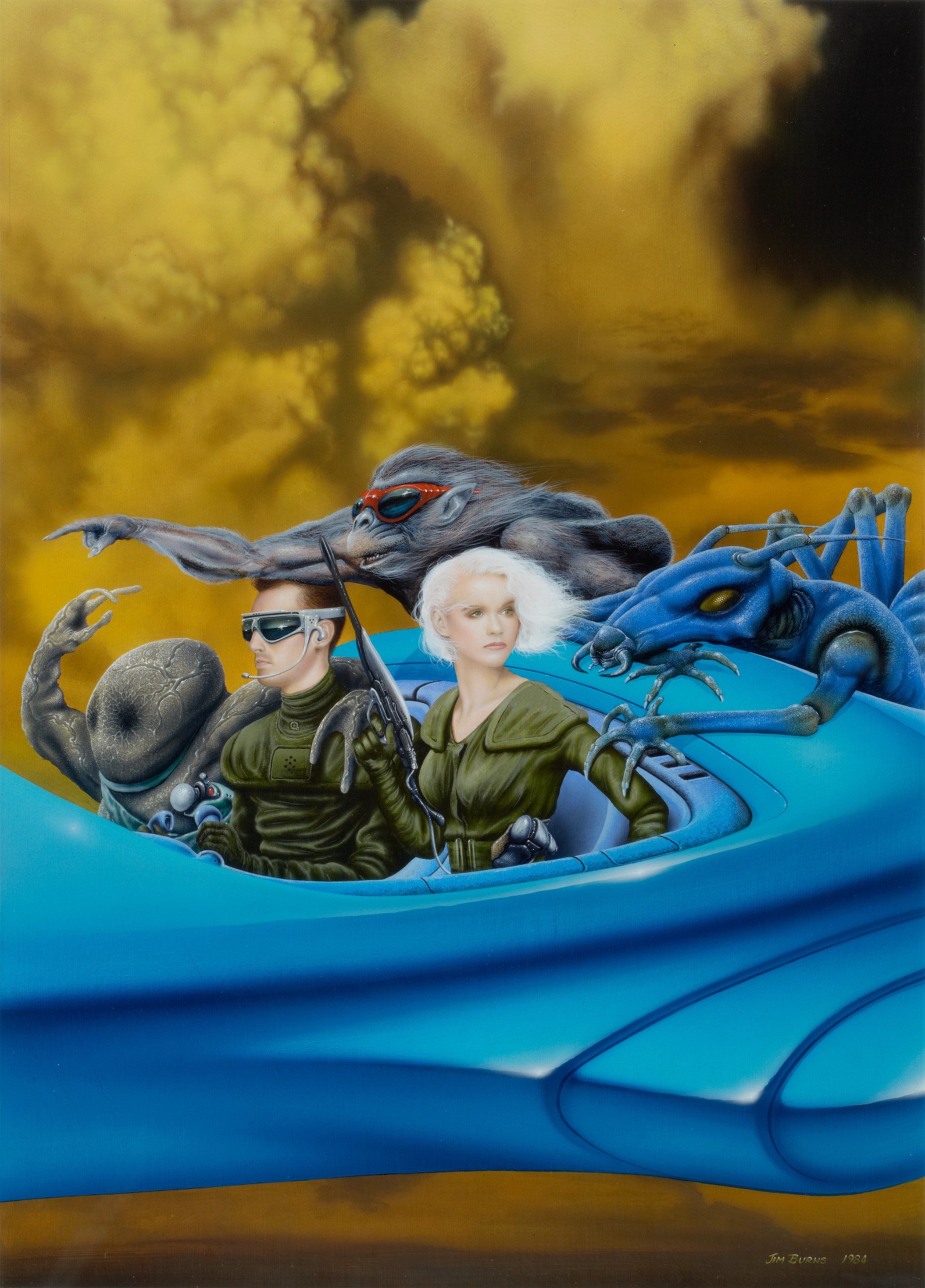 Jim Burns painting of Star Frontiers characters in a vehicle HD Phone Wallpaper