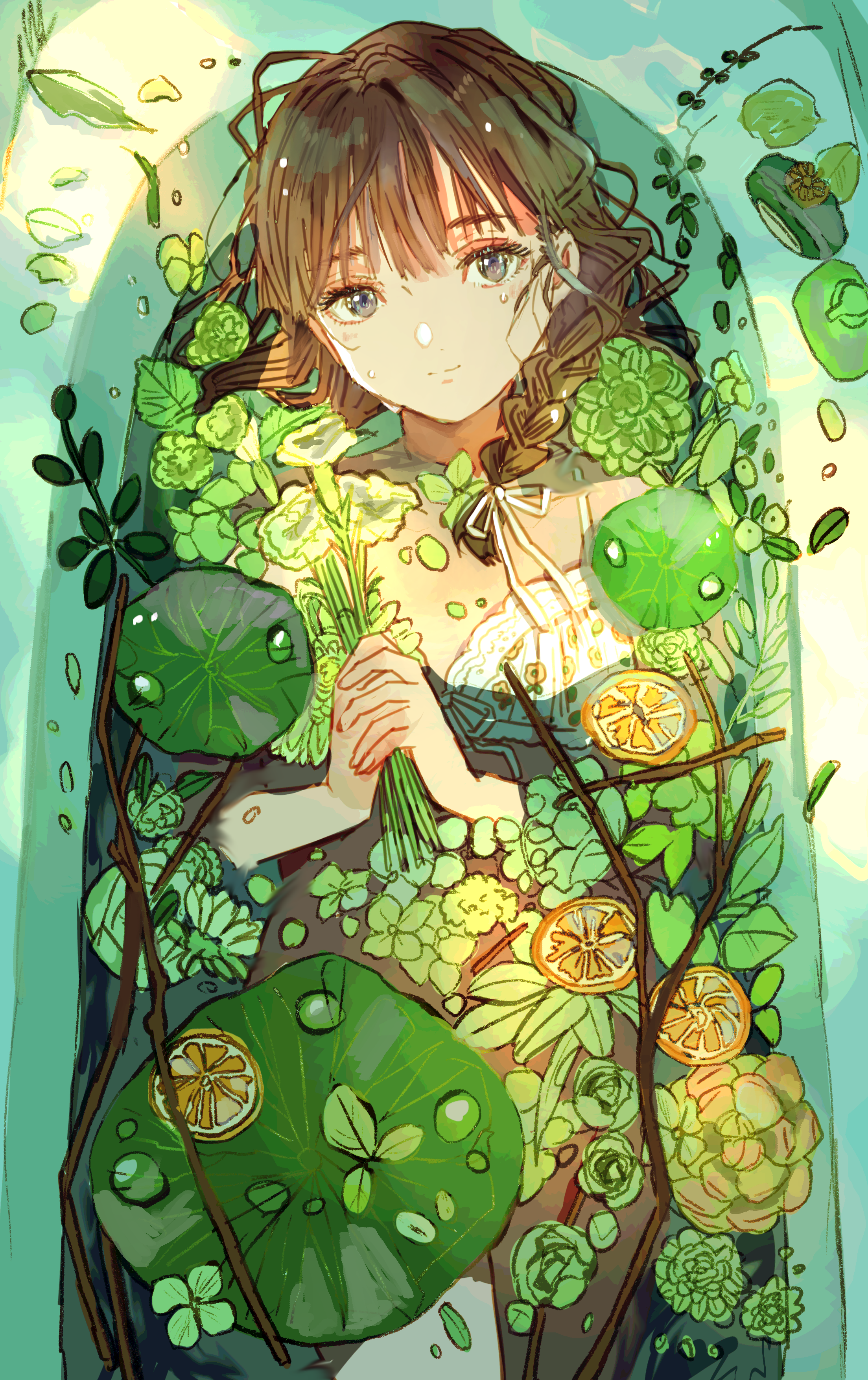 Serene Anime Girl Surrounded by Greenery HD Phone Wallpaper