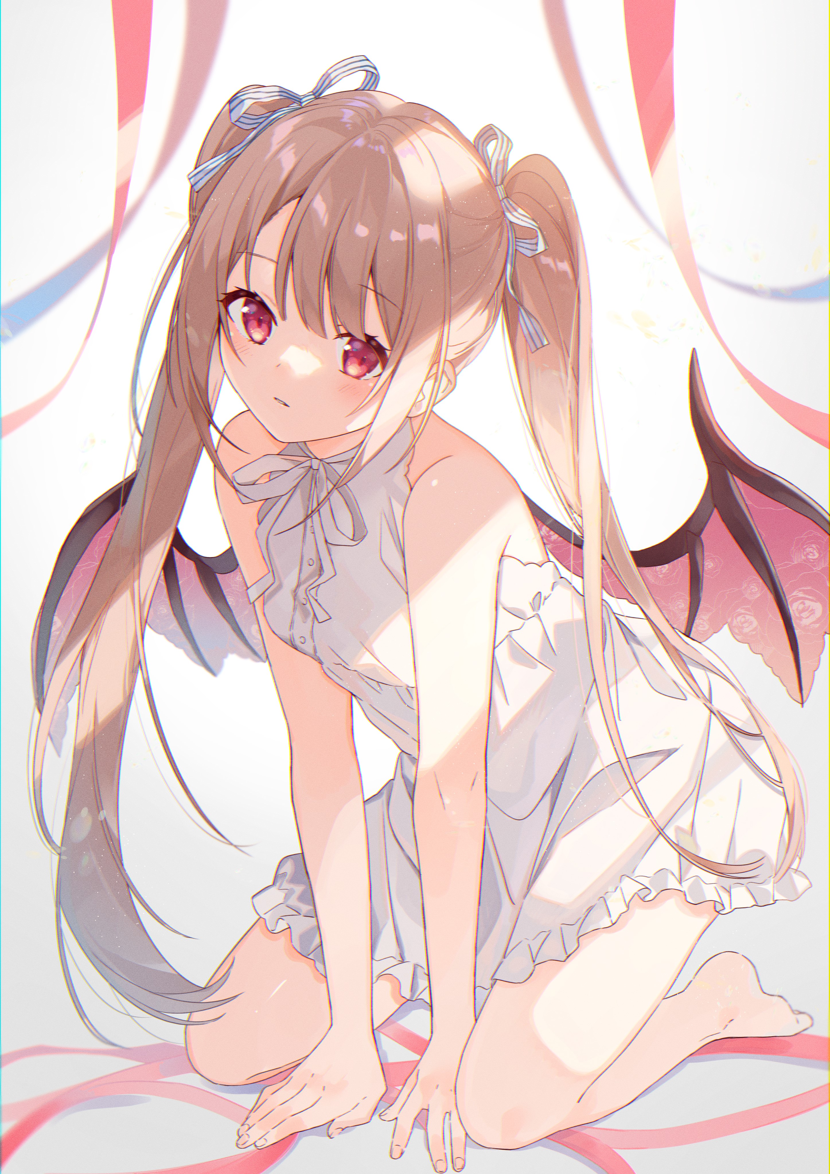 Anime girl with twintails and wings kneeling HD Phone Wallpaper