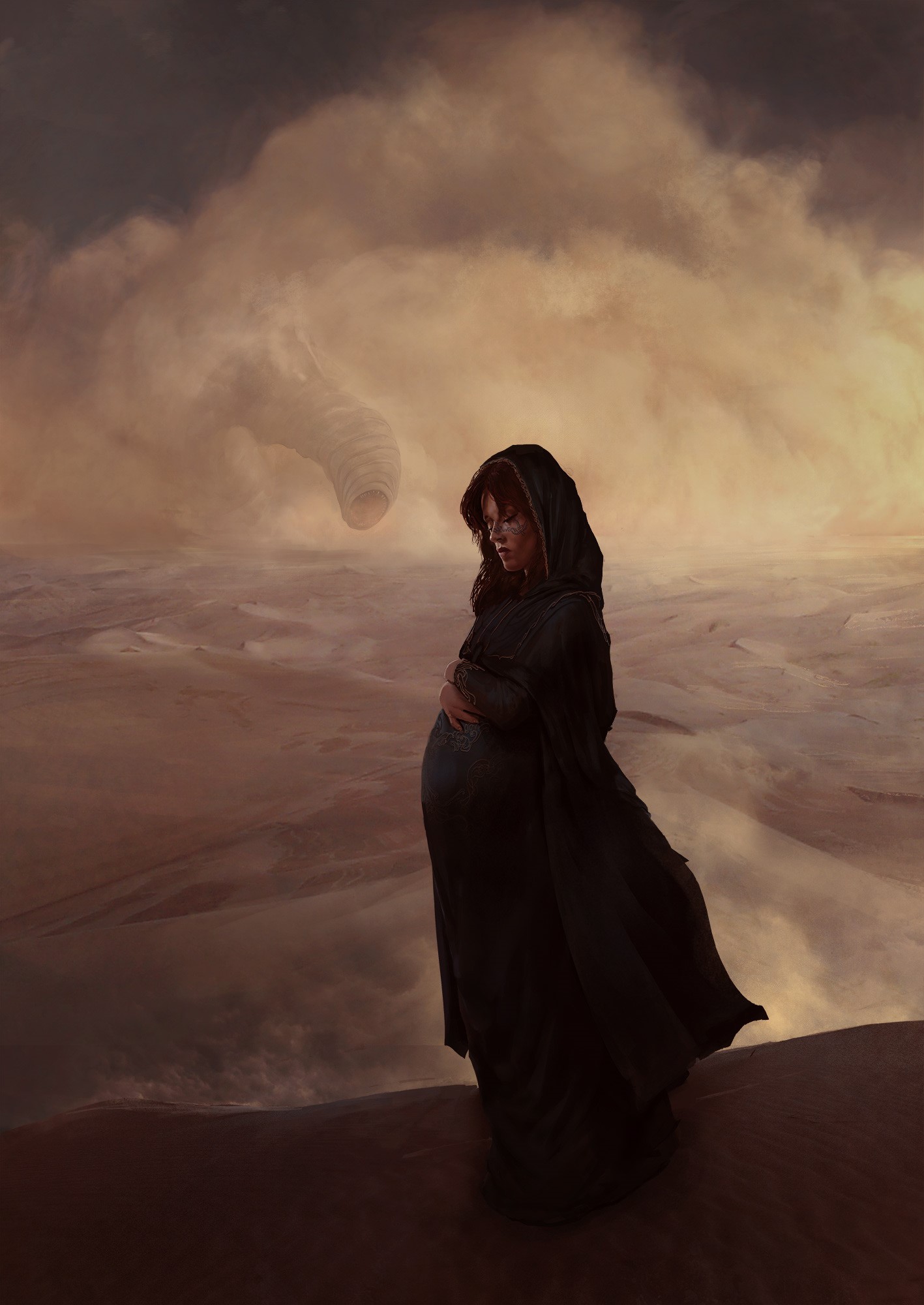 Chani from Dune on Arrakis with a sandworm HD Phone Wallpaper