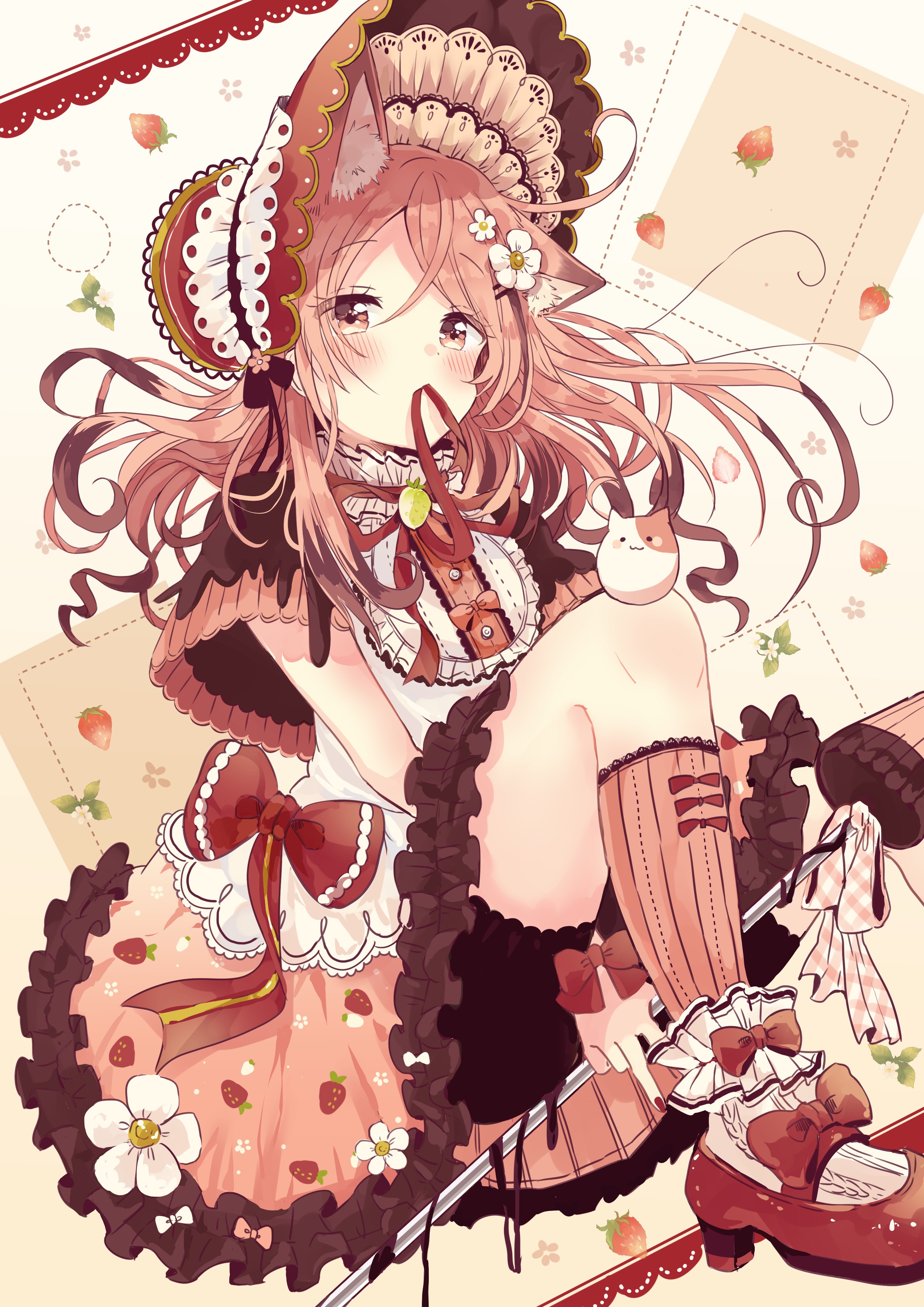 Anime girl with cat ears and strawberry dress HD Phone Wallpaper