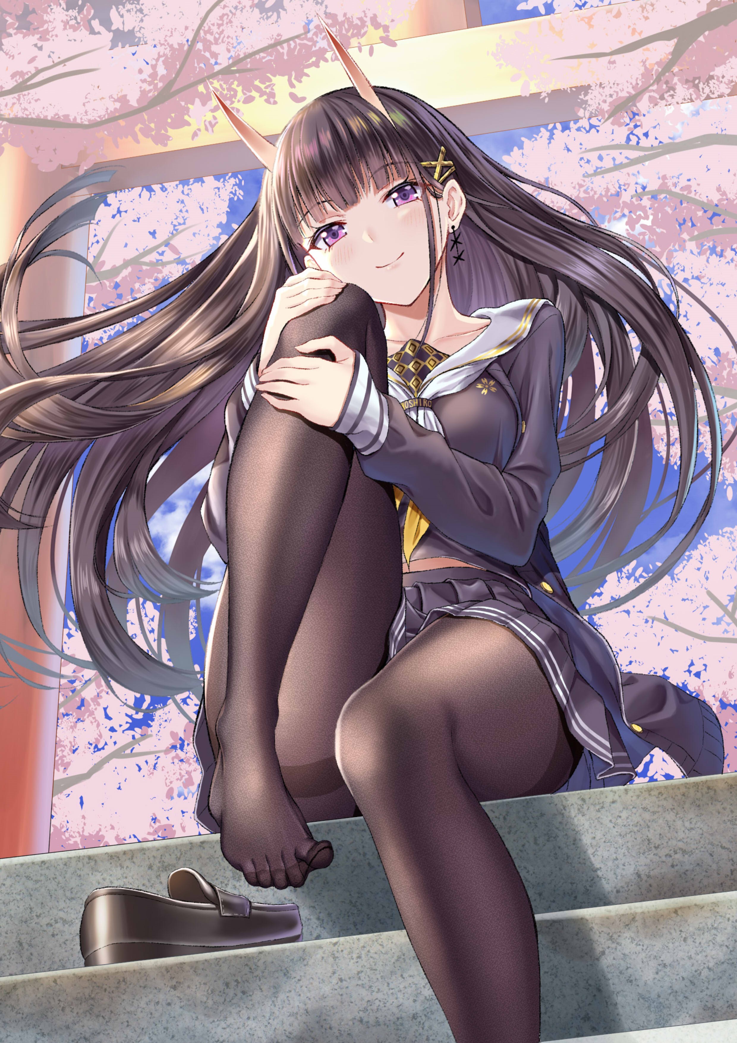 Noshiro from Azur Lane with horns and cherry blossoms HD Phone Wallpaper