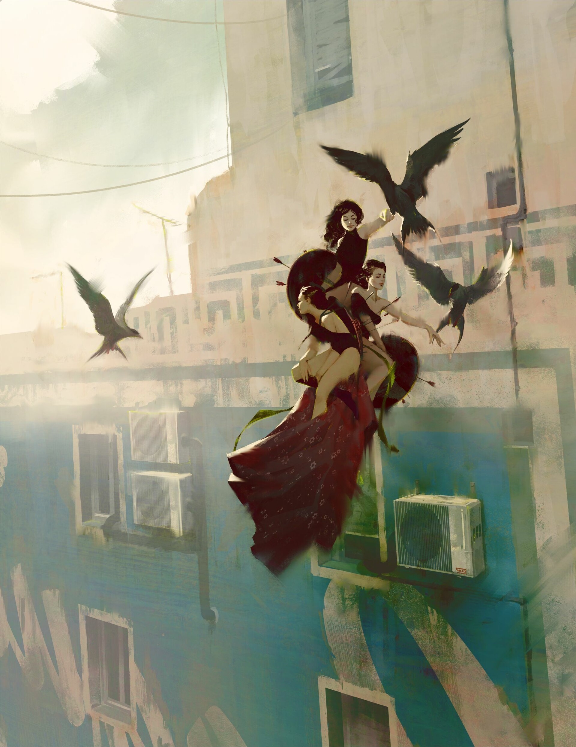 Fantasy girls with shields and birds on a building HD Phone Wallpaper