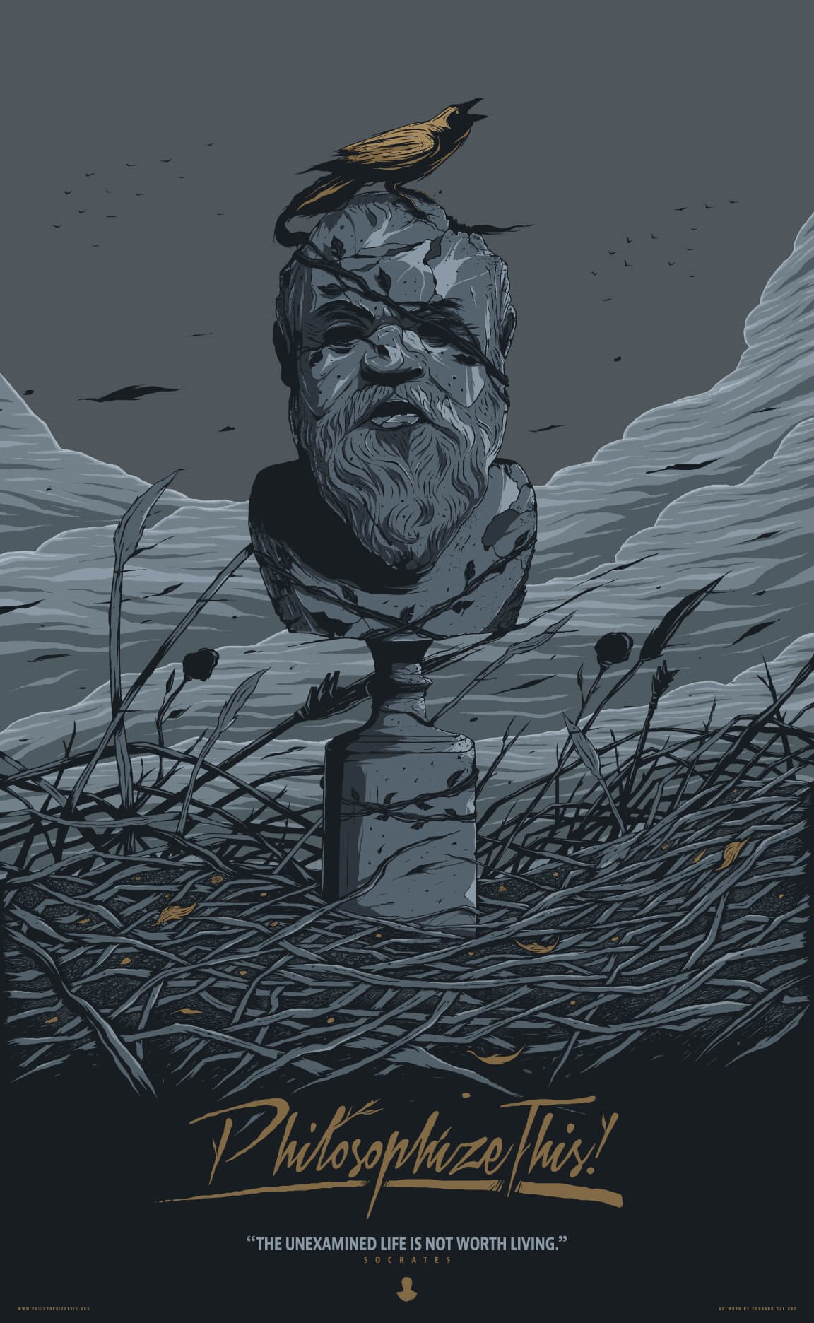 Socrates bust with bird and quote by Conrado Salinas HD Phone Wallpaper