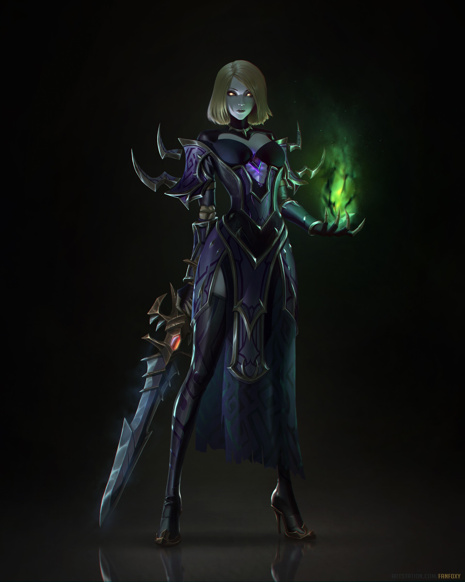 Dark Armored Woman with Glowing Sword and Spell HD Phone Wallpaper