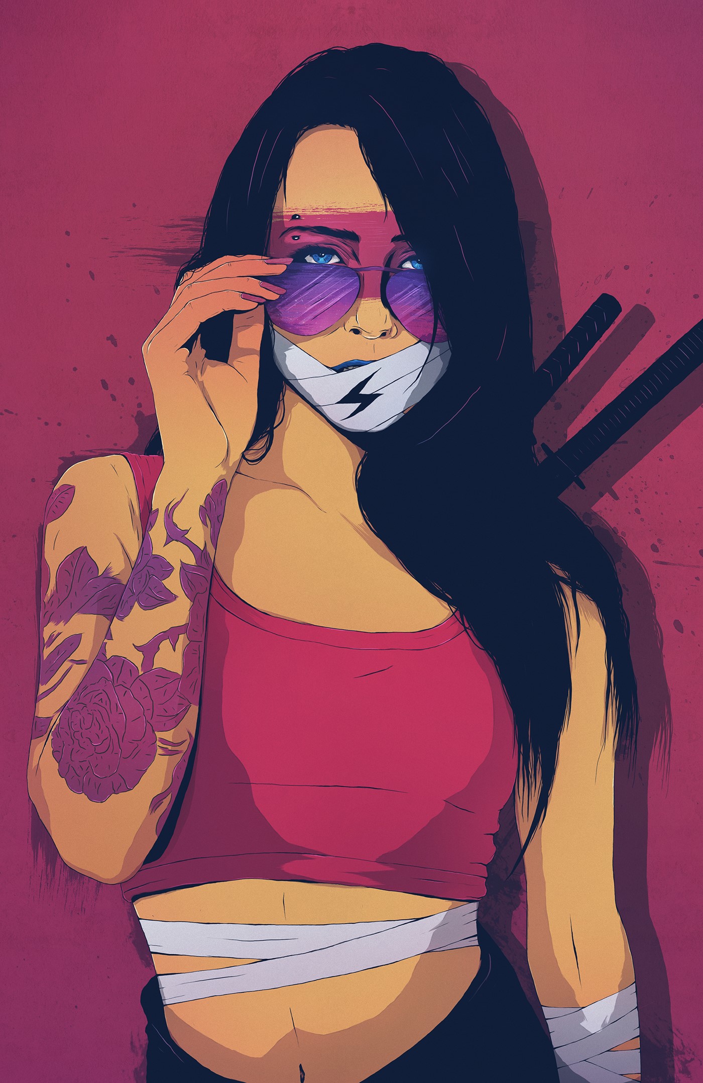 Woman with tattoos and swords, digital art HD Phone Wallpaper