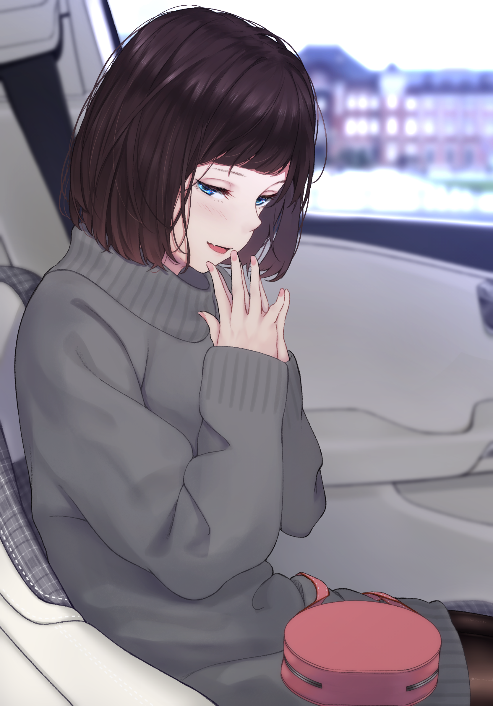Anime girl in a car with a pink bag HD Phone Wallpaper