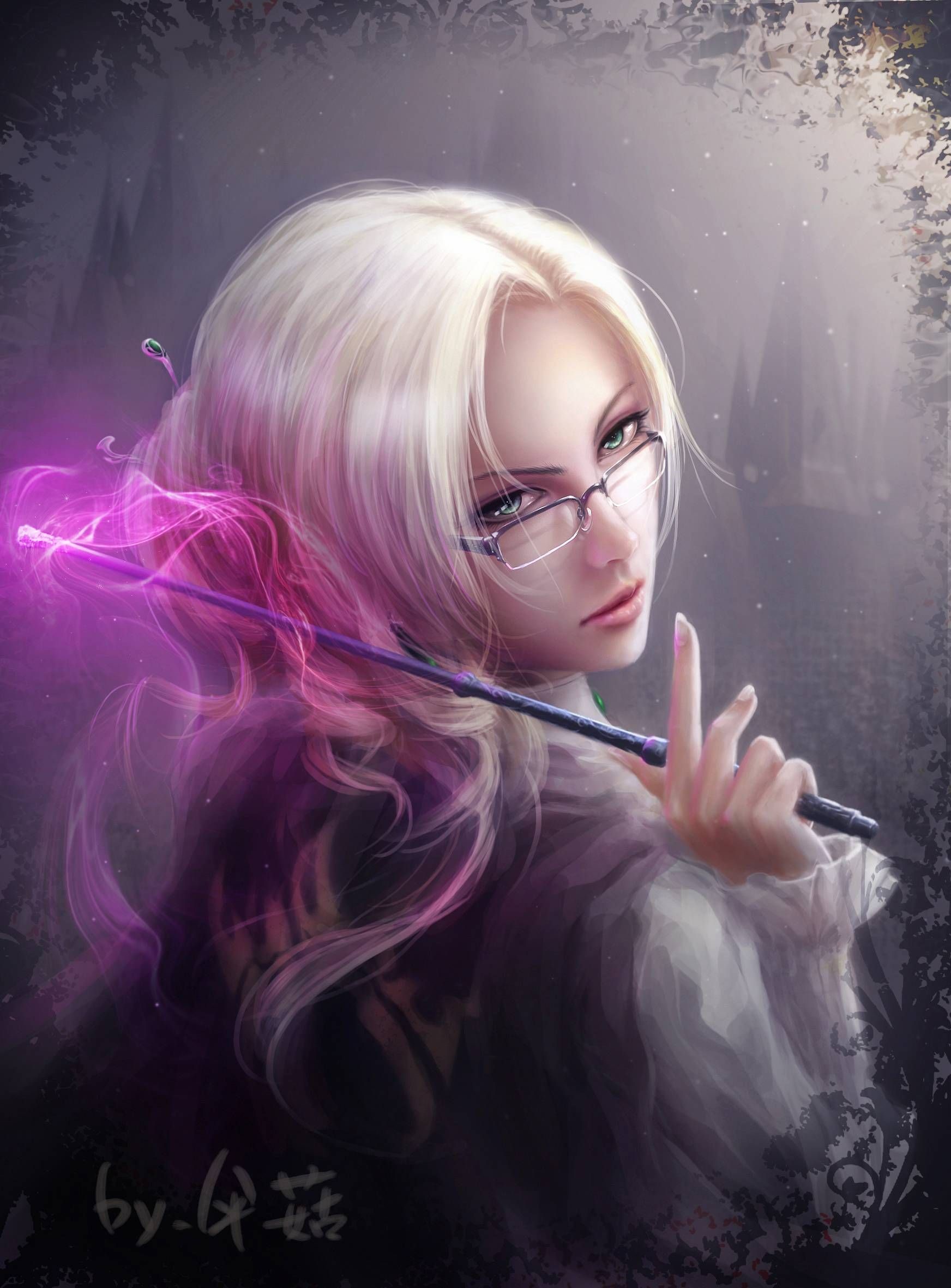 Anime girl with glasses and magic wand HD Phone Wallpaper