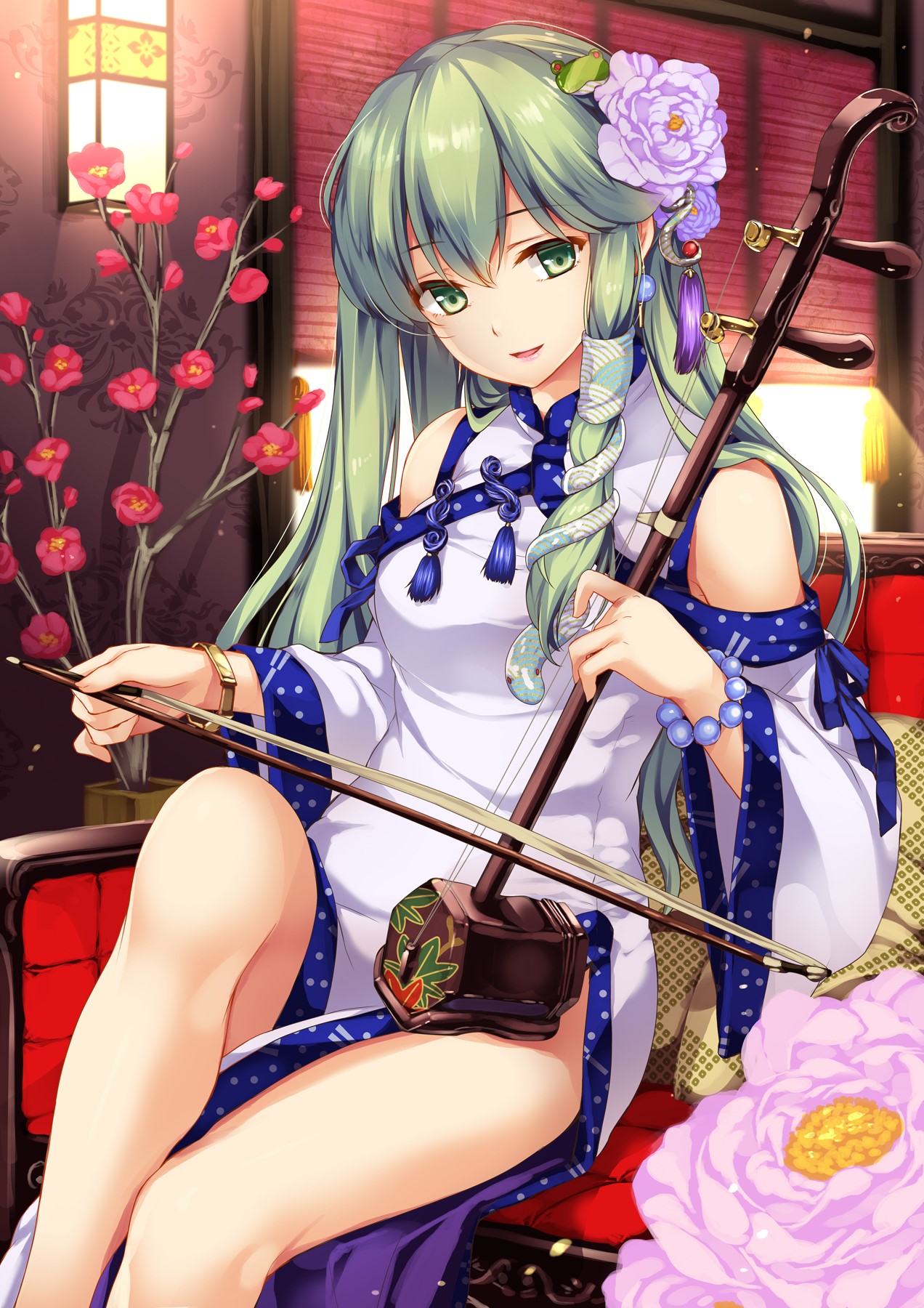 Anime girl playing Erhu HD Phone Wallpaper