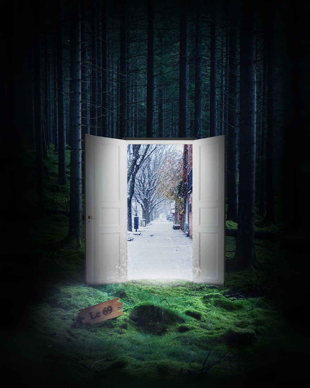 Doorway to a Snowy Street in a Dark Forest HD Phone Wallpaper