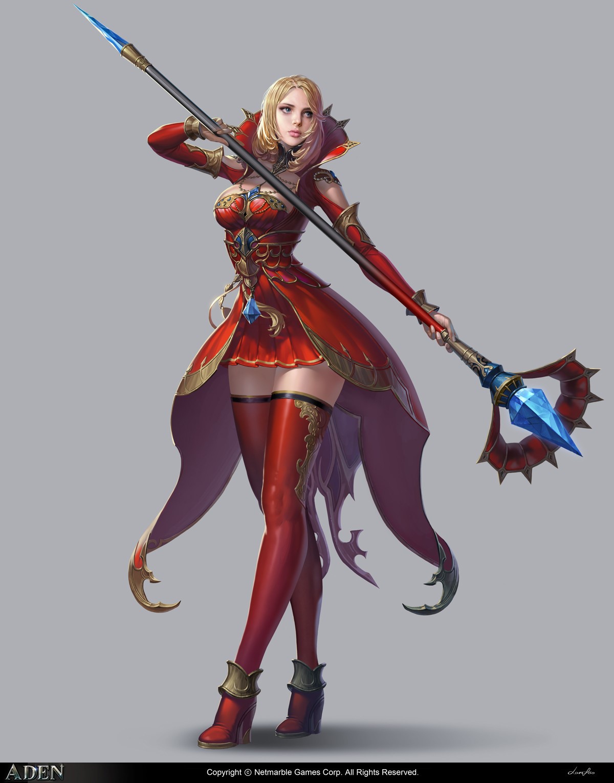 Woman in red dress holding a spear HD Phone Wallpaper