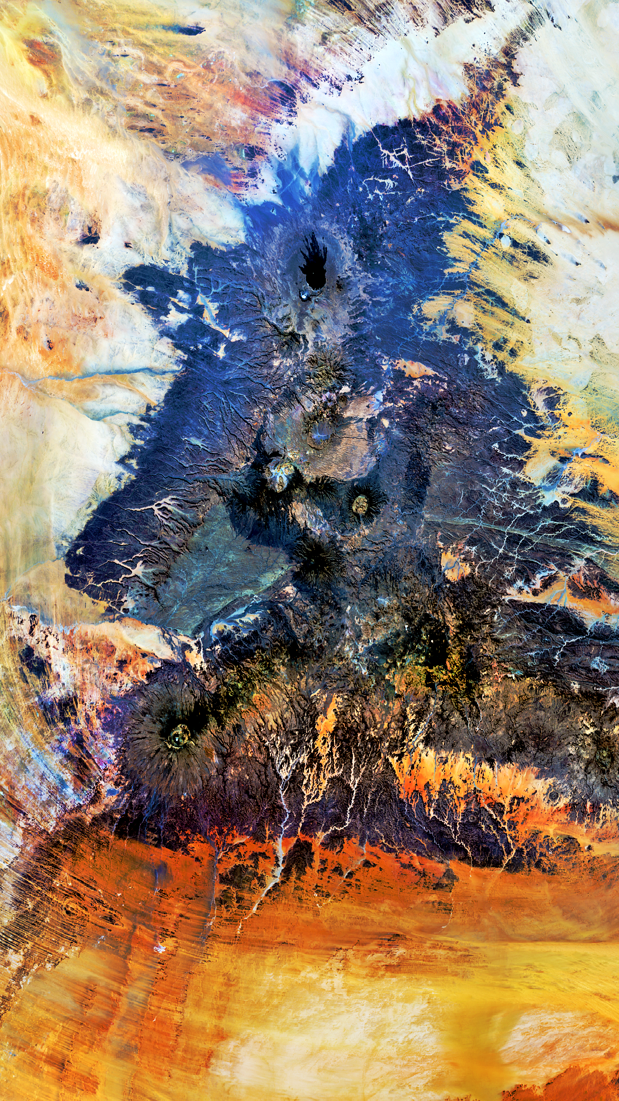 Satellite view of volcanic landscape with craters HD Phone Wallpaper