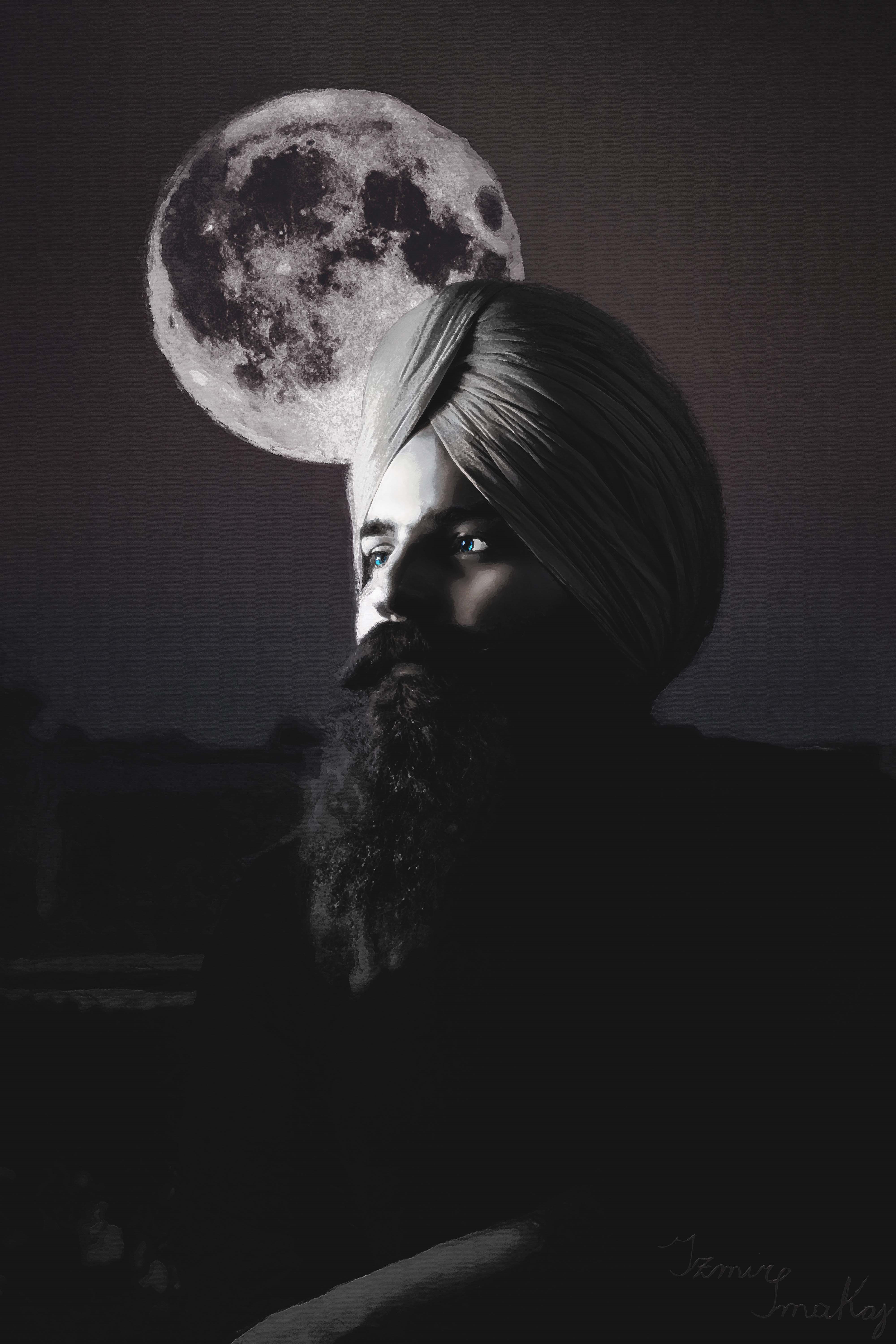 Portrait of a man with a turban and beard under the moon HD Phone Wallpaper