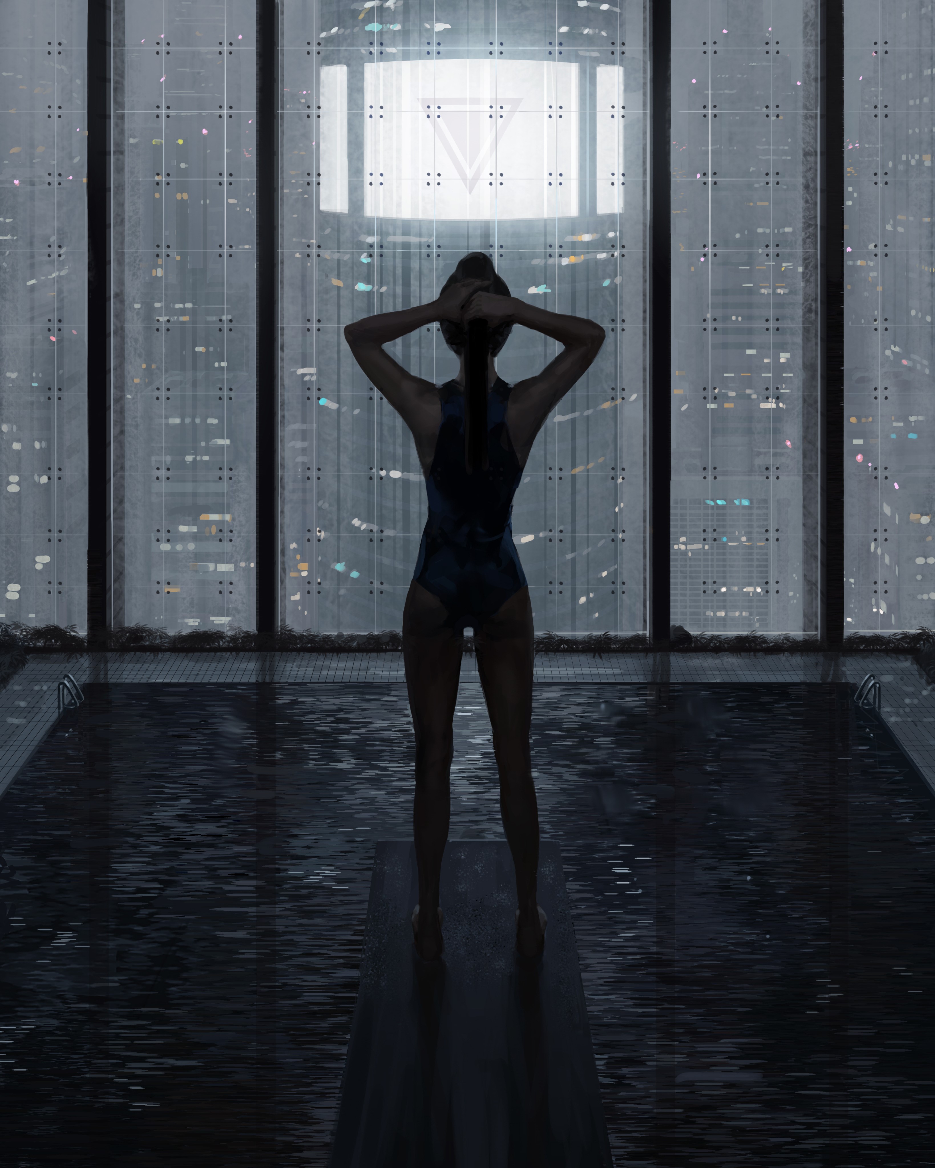 Woman in swimsuit by indoor pool with city view HD Phone Wallpaper