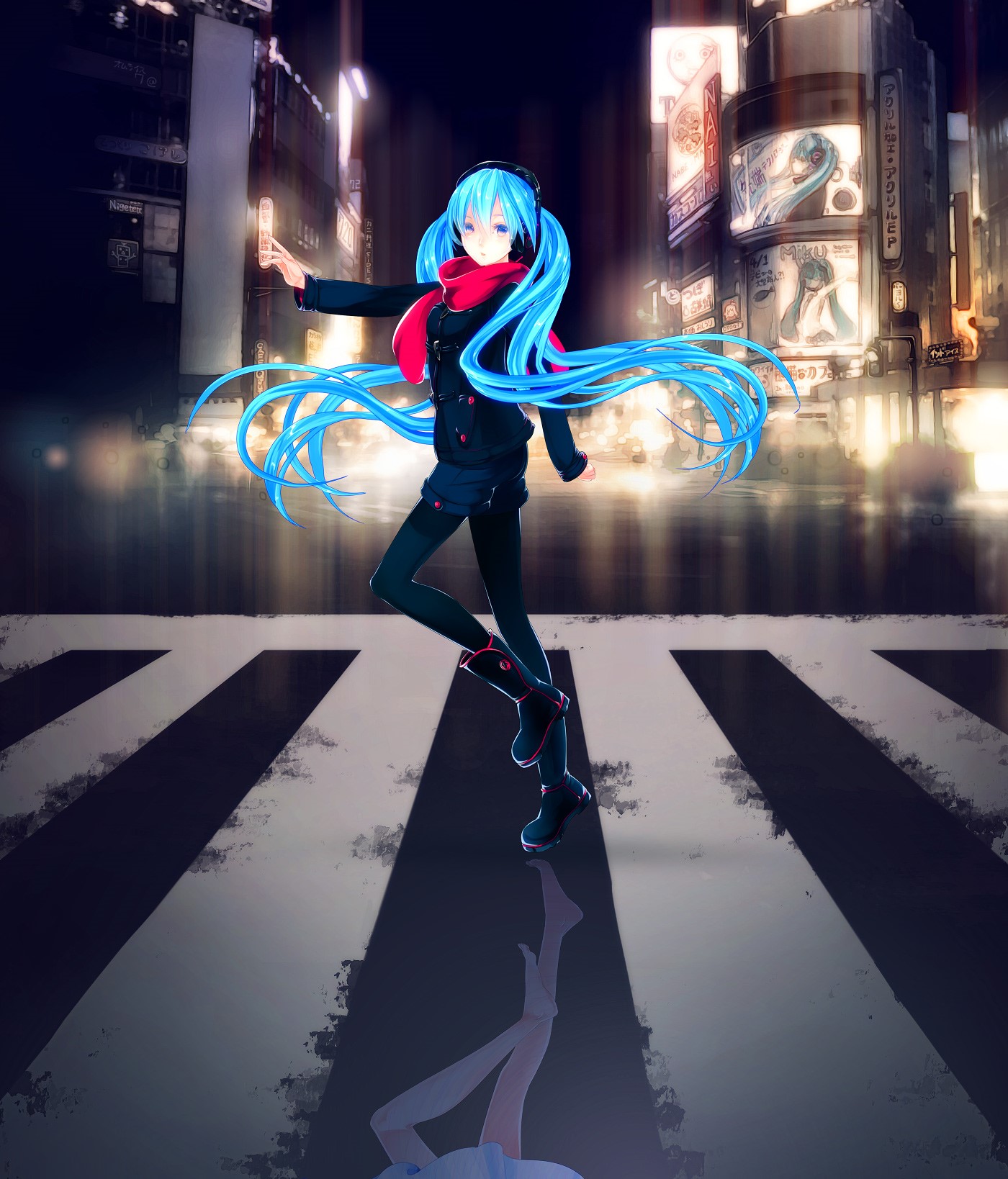 Hatsune Miku from Vocaloid in a city at night HD Phone Wallpaper