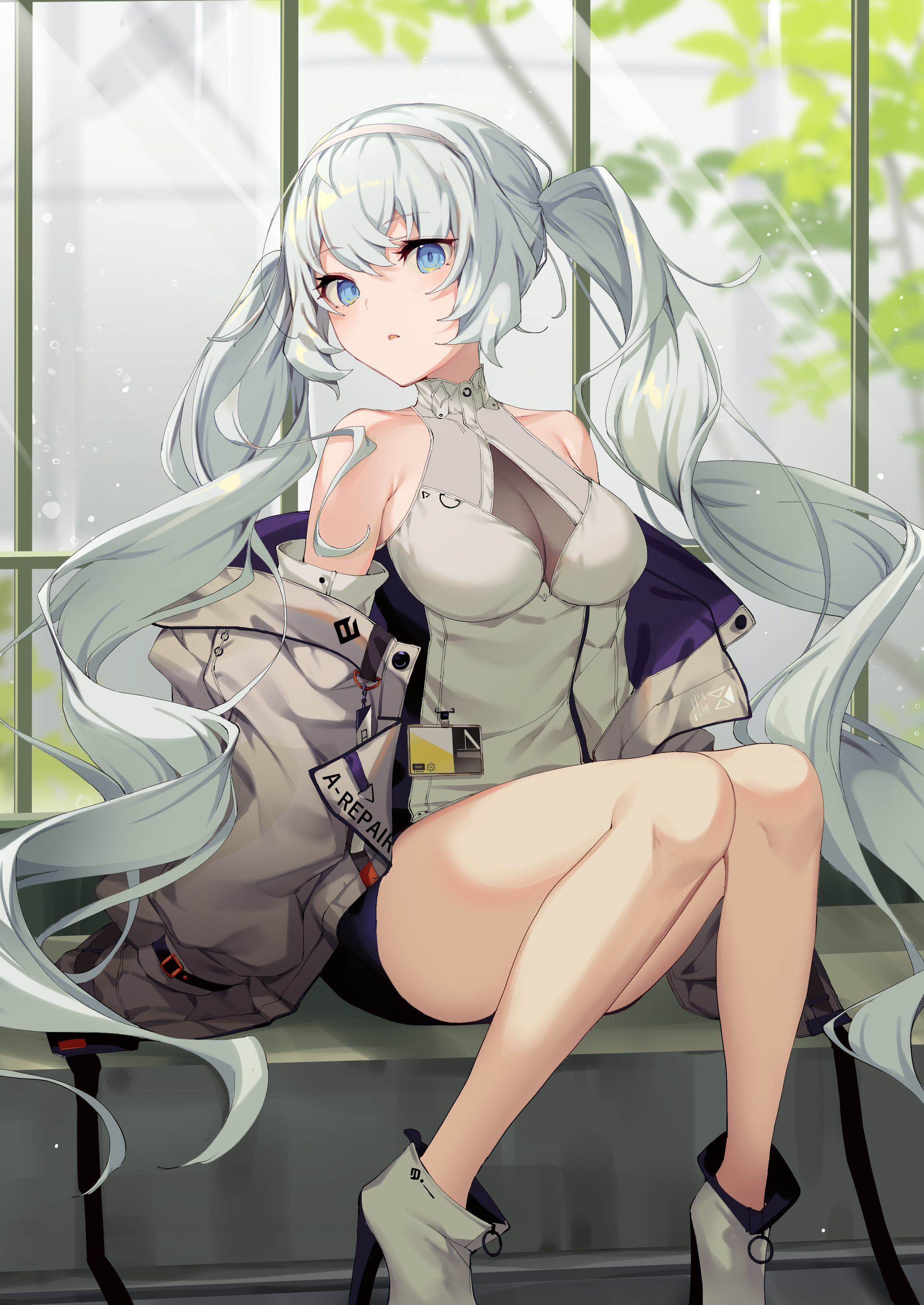 Anime girl with silver twintails sitting HD Phone Wallpaper