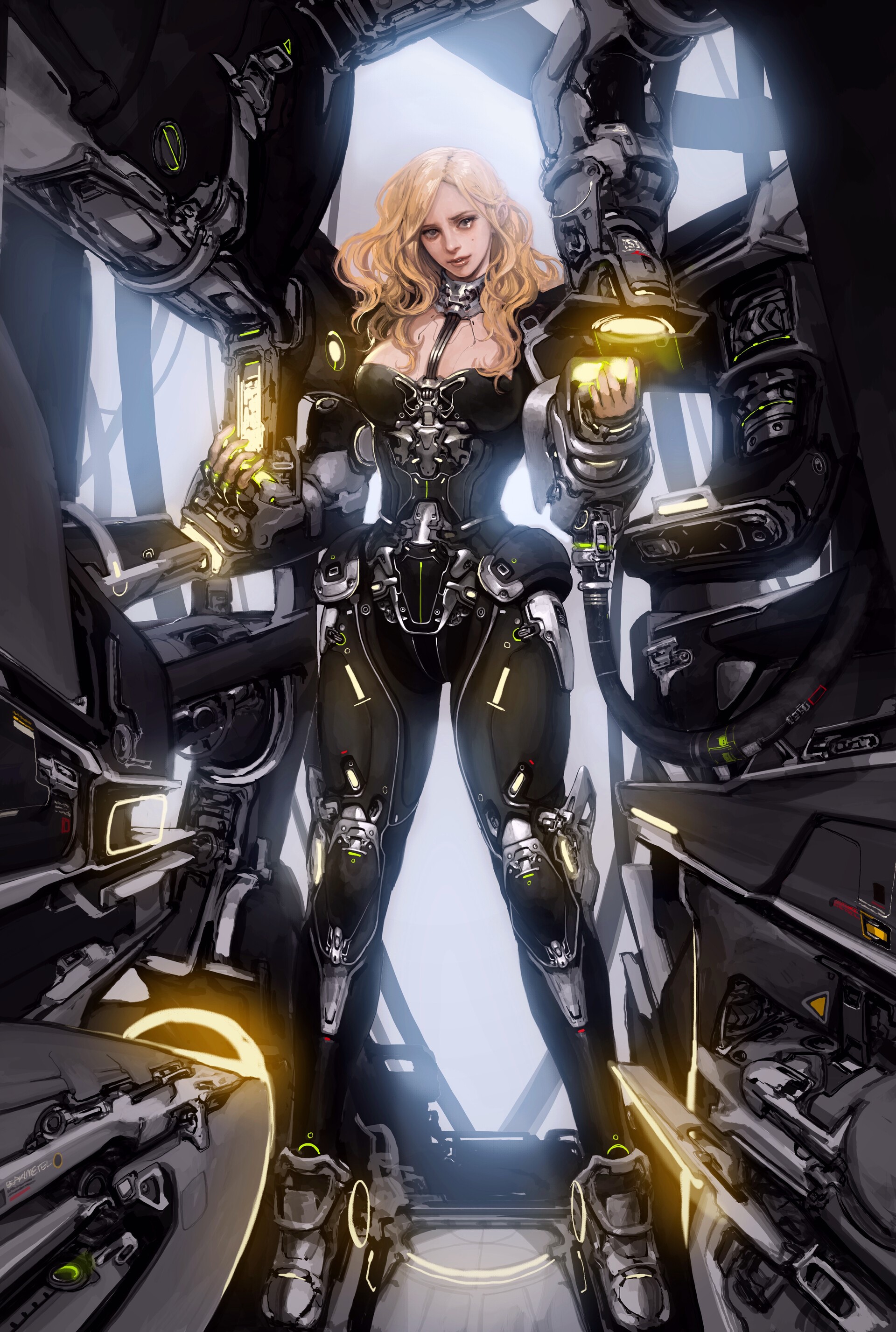 Woman in futuristic armor in a mech suit HD Phone Wallpaper